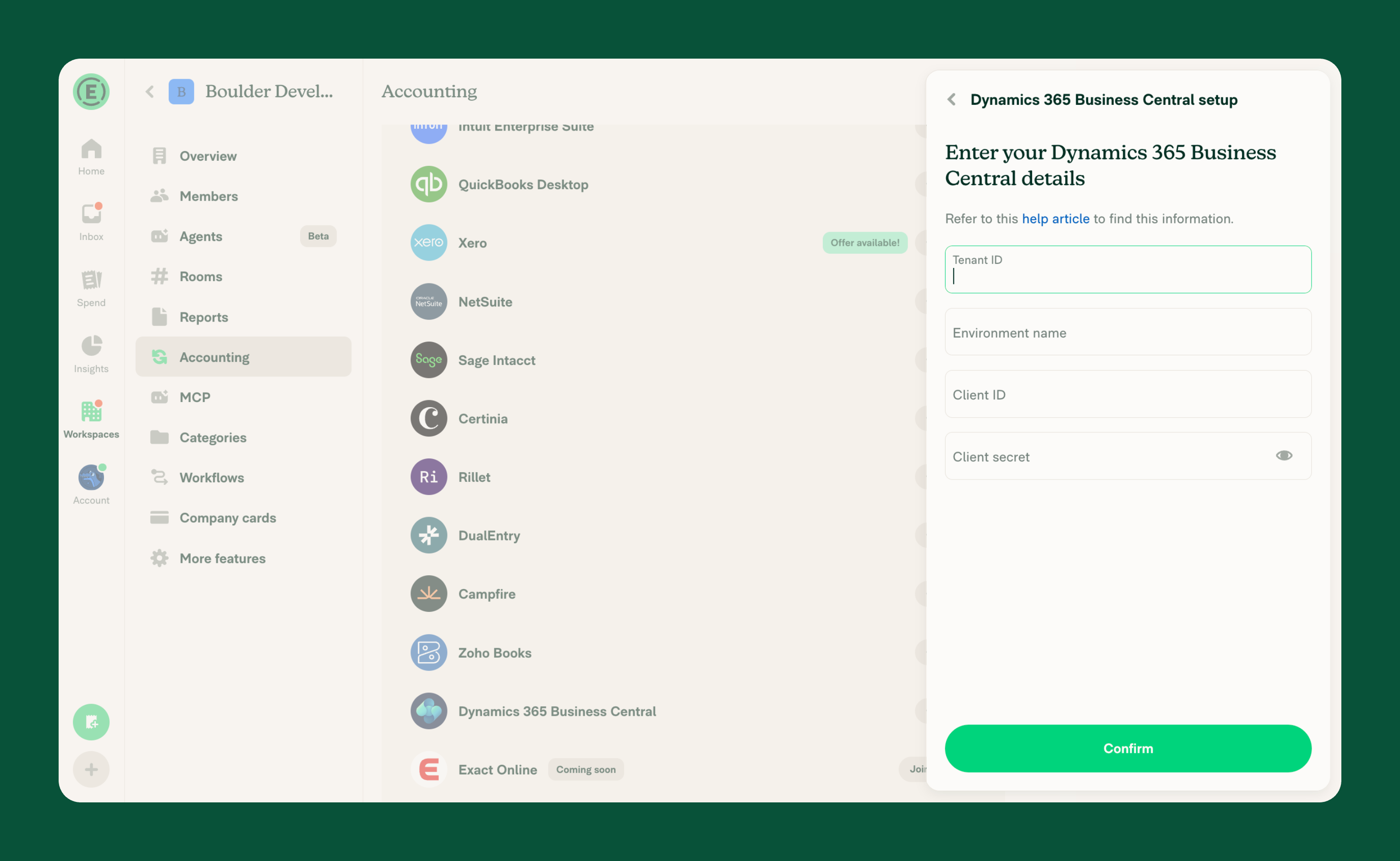 Accounting page showing Business Central setup fields