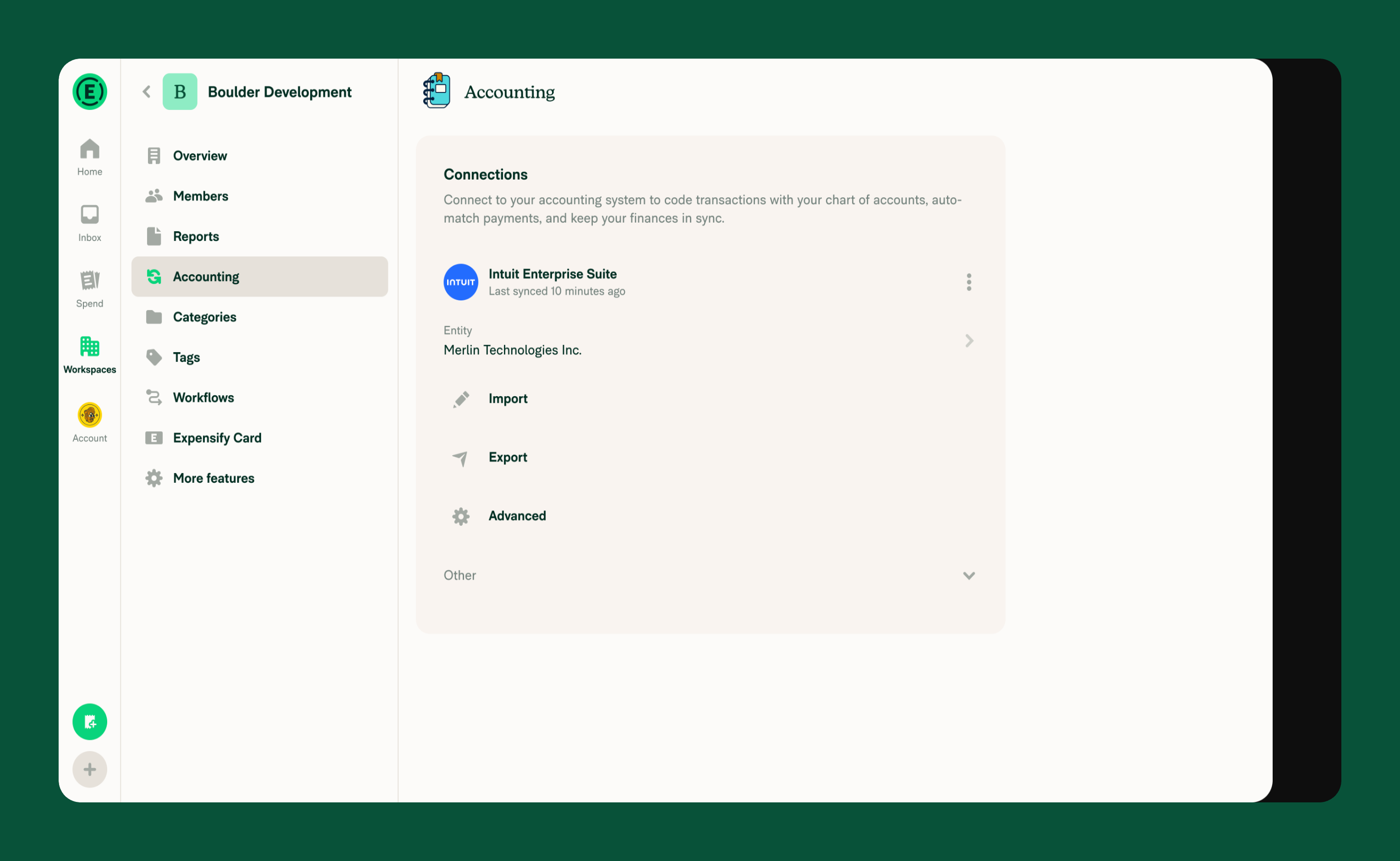 Workspace Accounting page showing Intuit Enterprise Suite connected