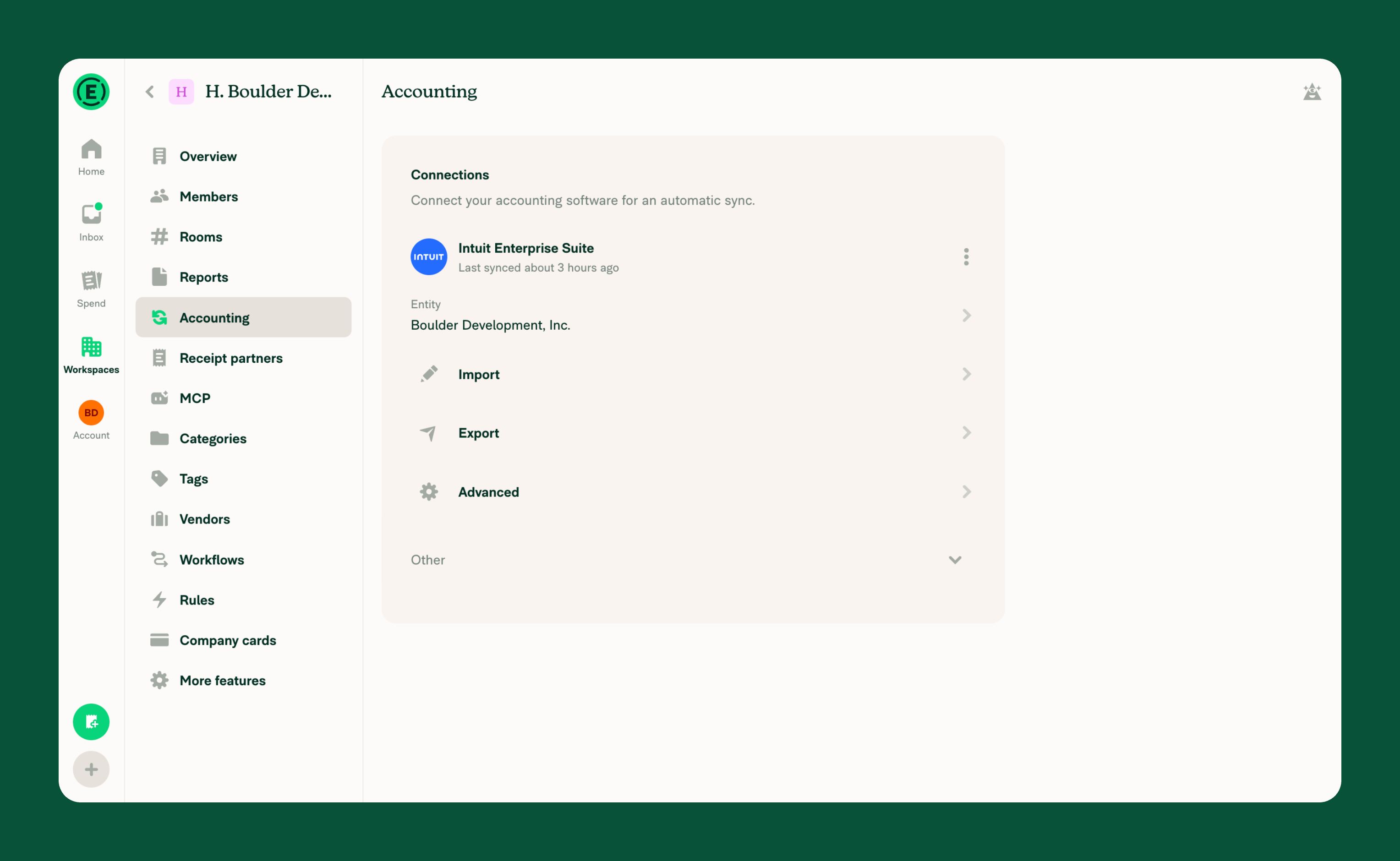 Accounting page showing the Intuit Enterprise Suite connection