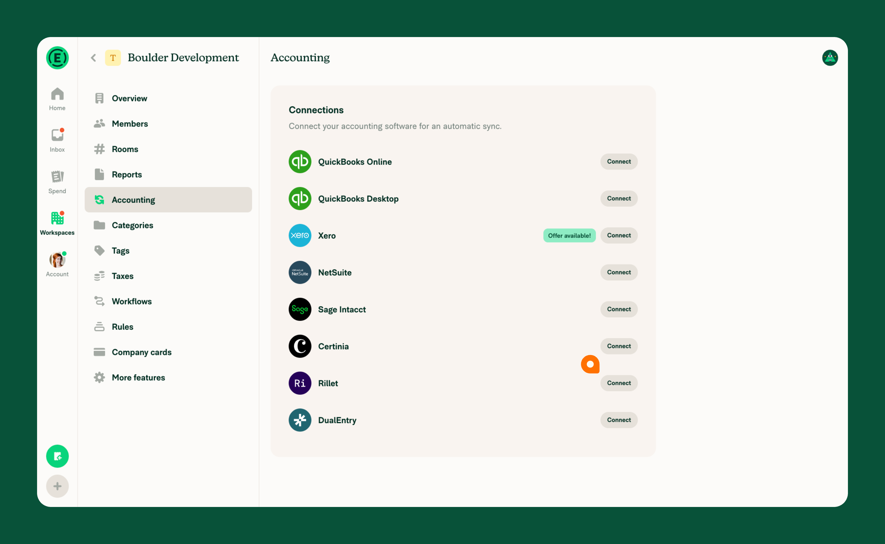 Connections page showing Rillet option
