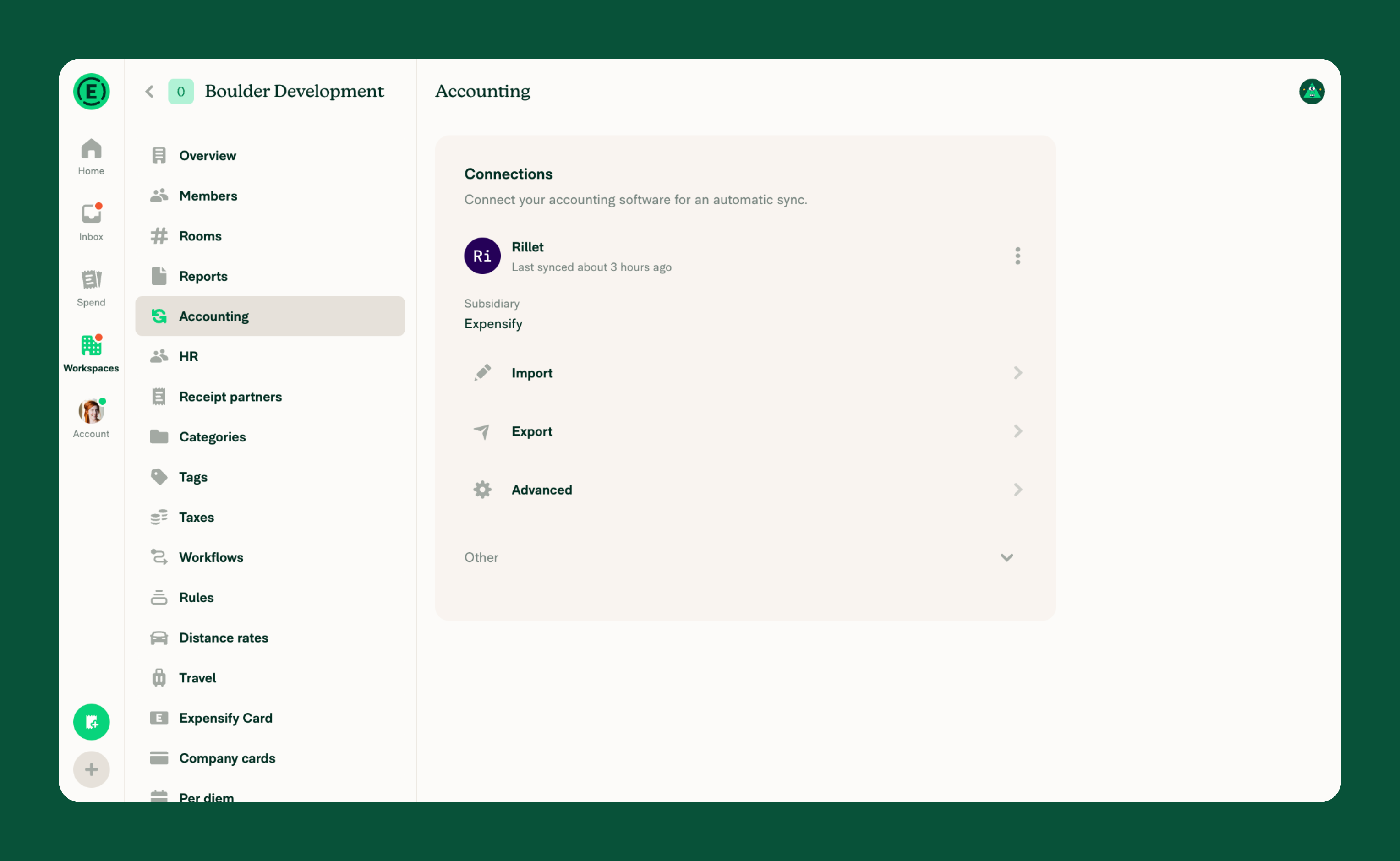 Accounting page showing Rillet connection