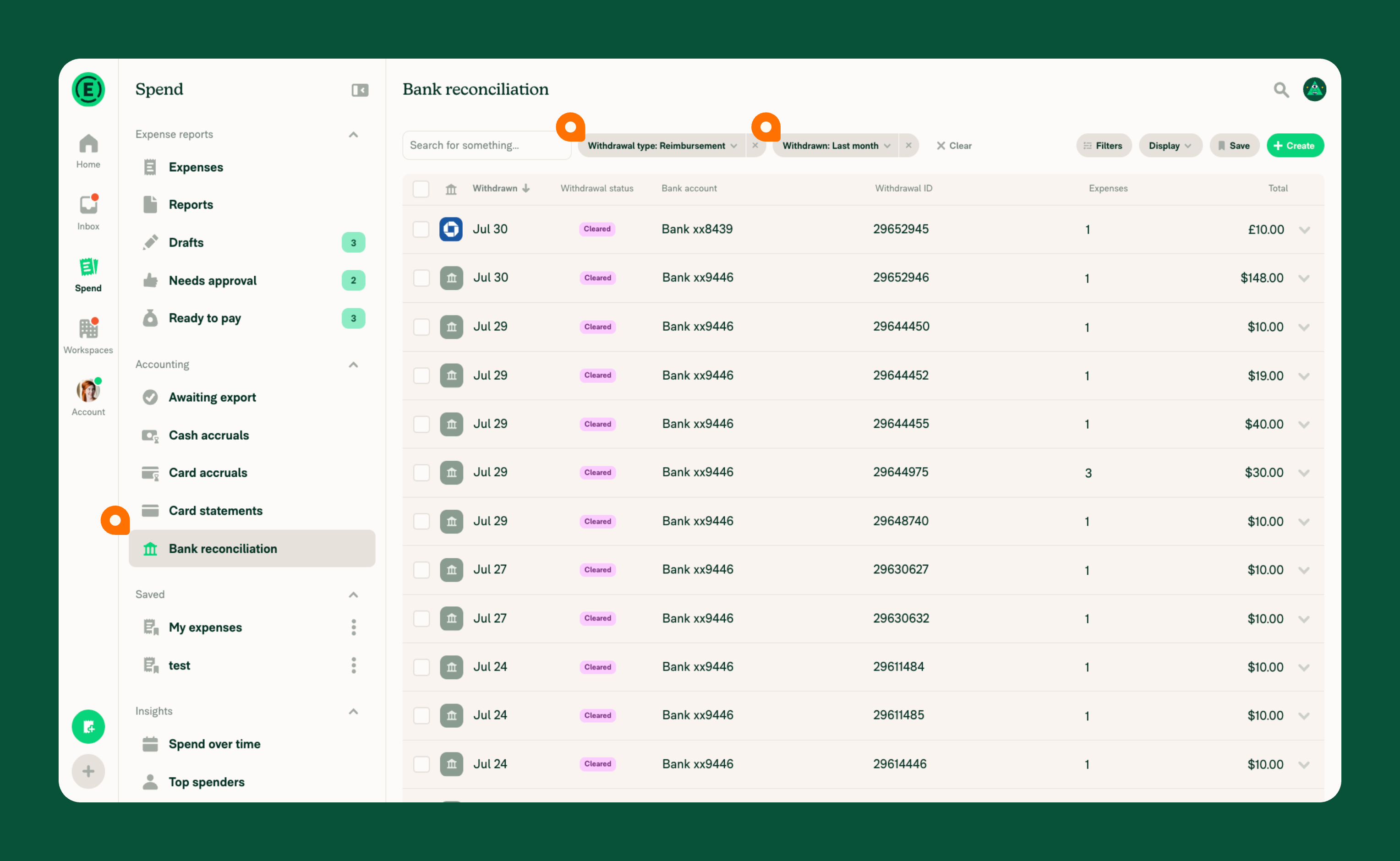 Spend page showing reimbursements