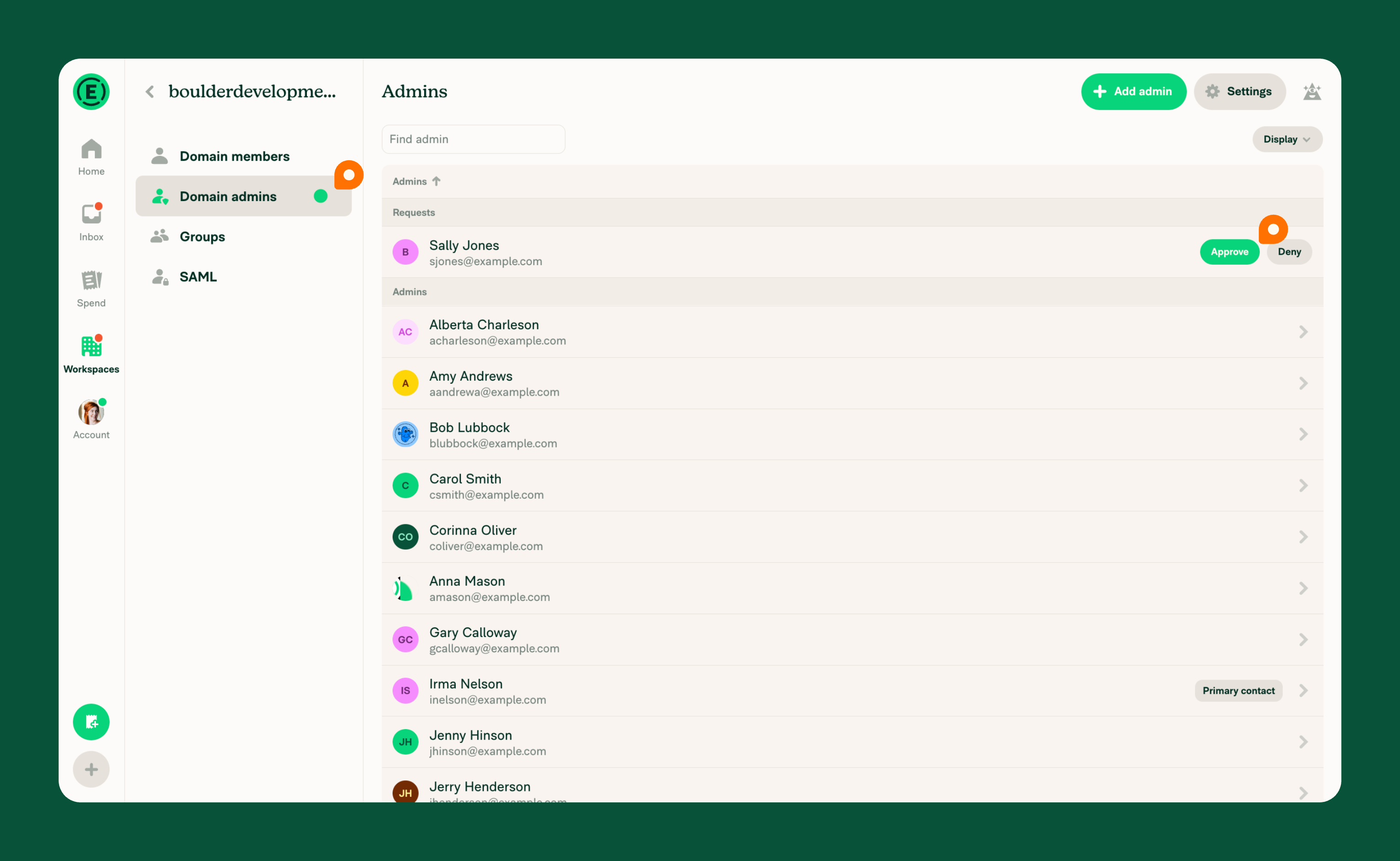 Domains tab showing a green dot indicator with an admin access request