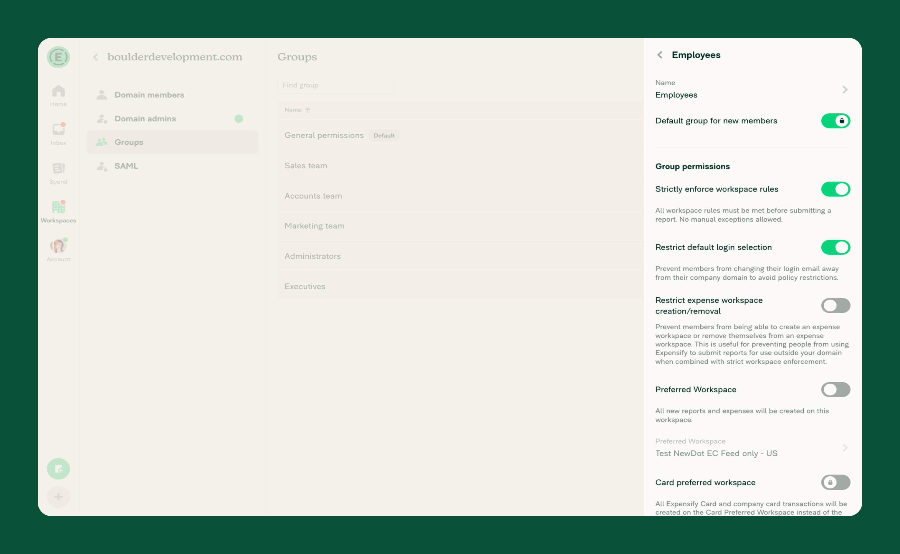 Domain group expanded showing permissions controls