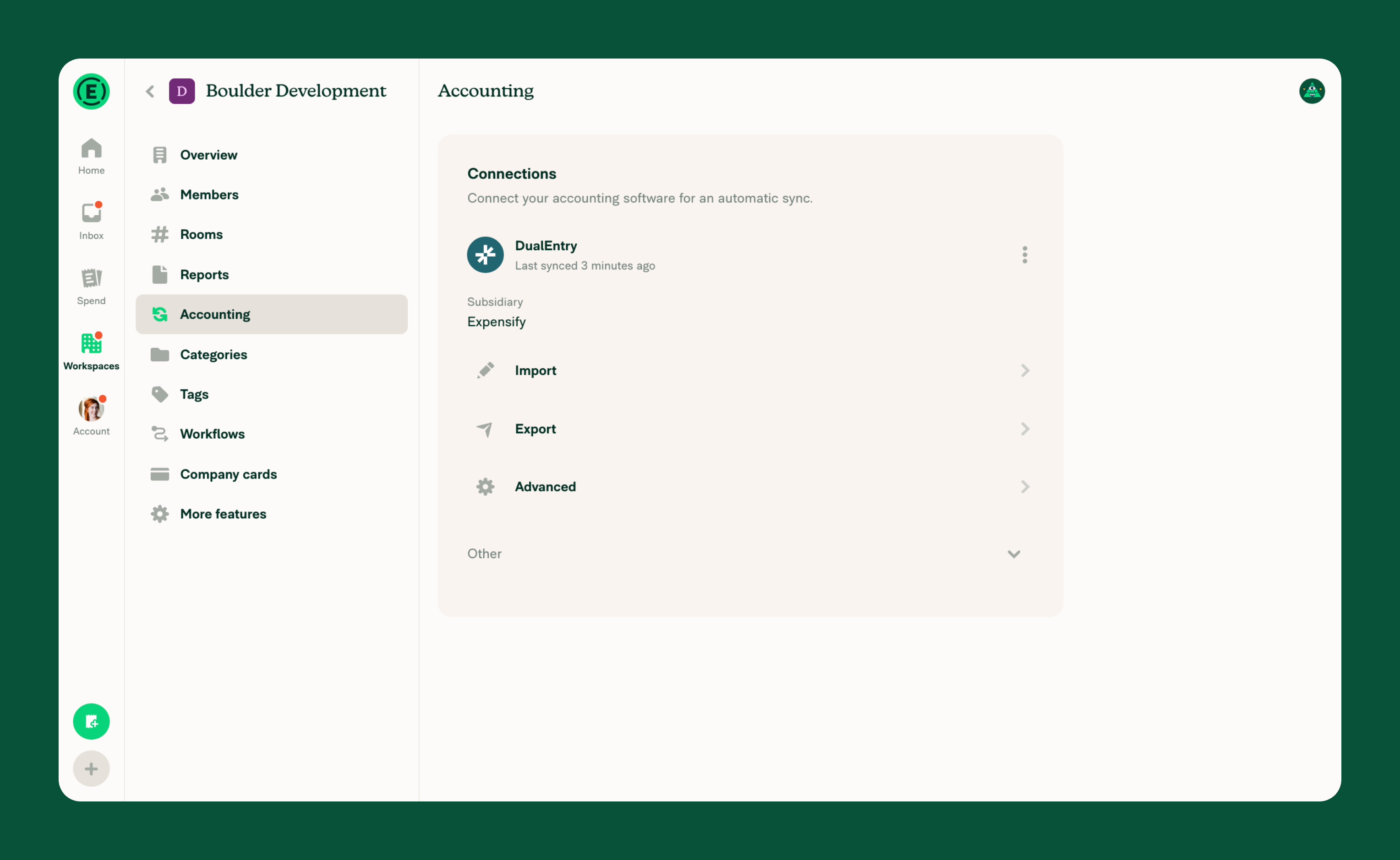 The Accounting page showing the connected DualEntry integration with the Import, Export, and Advanced settings visible.