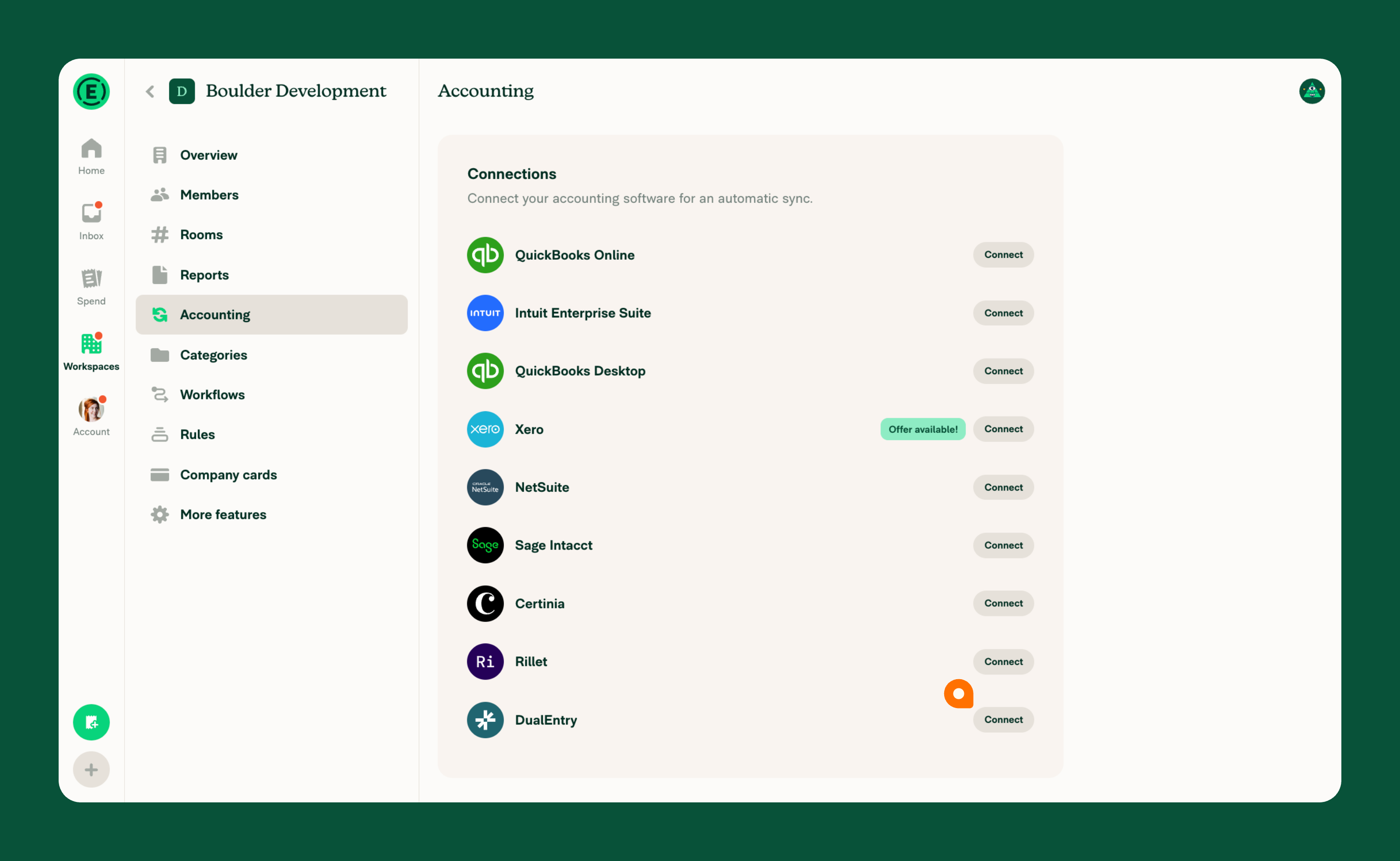The Accounting page Connections section with DualEntry shown and the Connect button visible