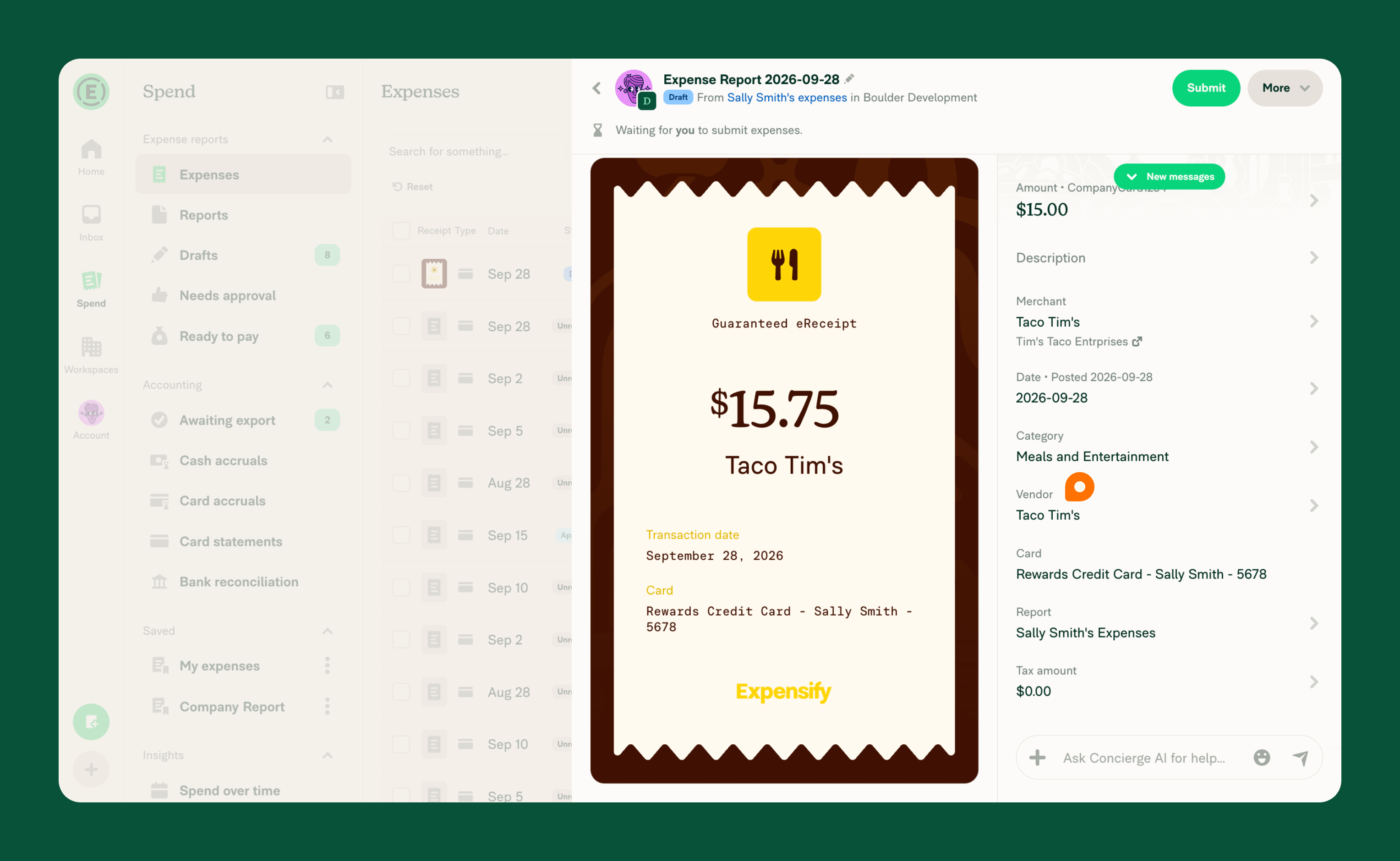 The expense details view for a non-reimbursable company card expense on a DualEntry-connected workspace, with the Vendor row visible directly below Category and a matched vendor name shown