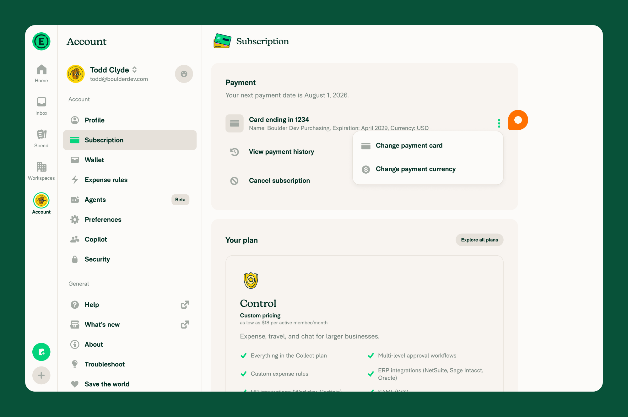 The Payment section of Account > Subscription with the three-dots (⋮) menu opened next to the card on file, showing the "Change payment card" option.