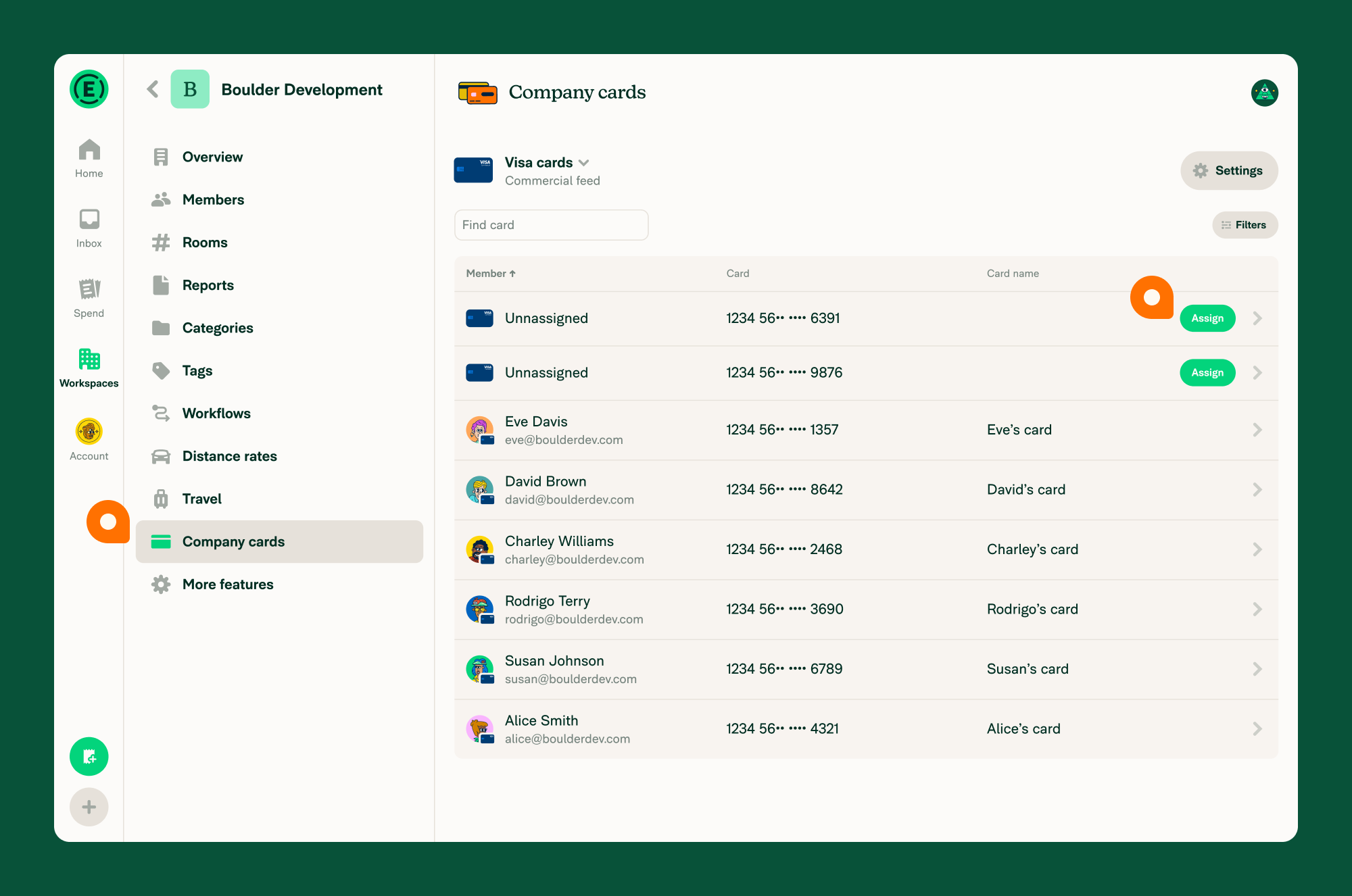 The Company Cards page within a Workspace showing the card feed with an Assign button next to an unassigned card
