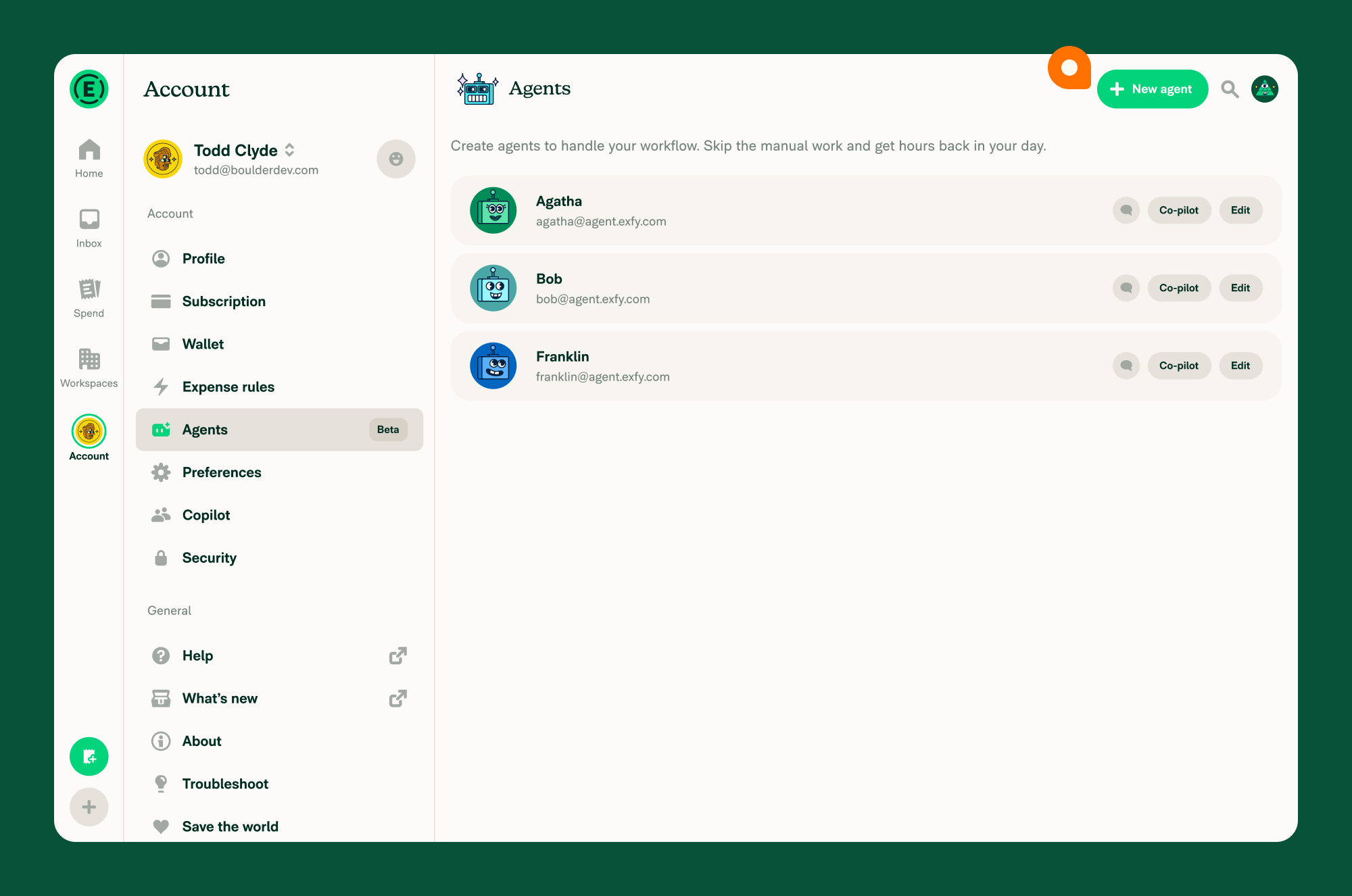 The Agents page in Account settings, showing the New agent button and a list of created agents