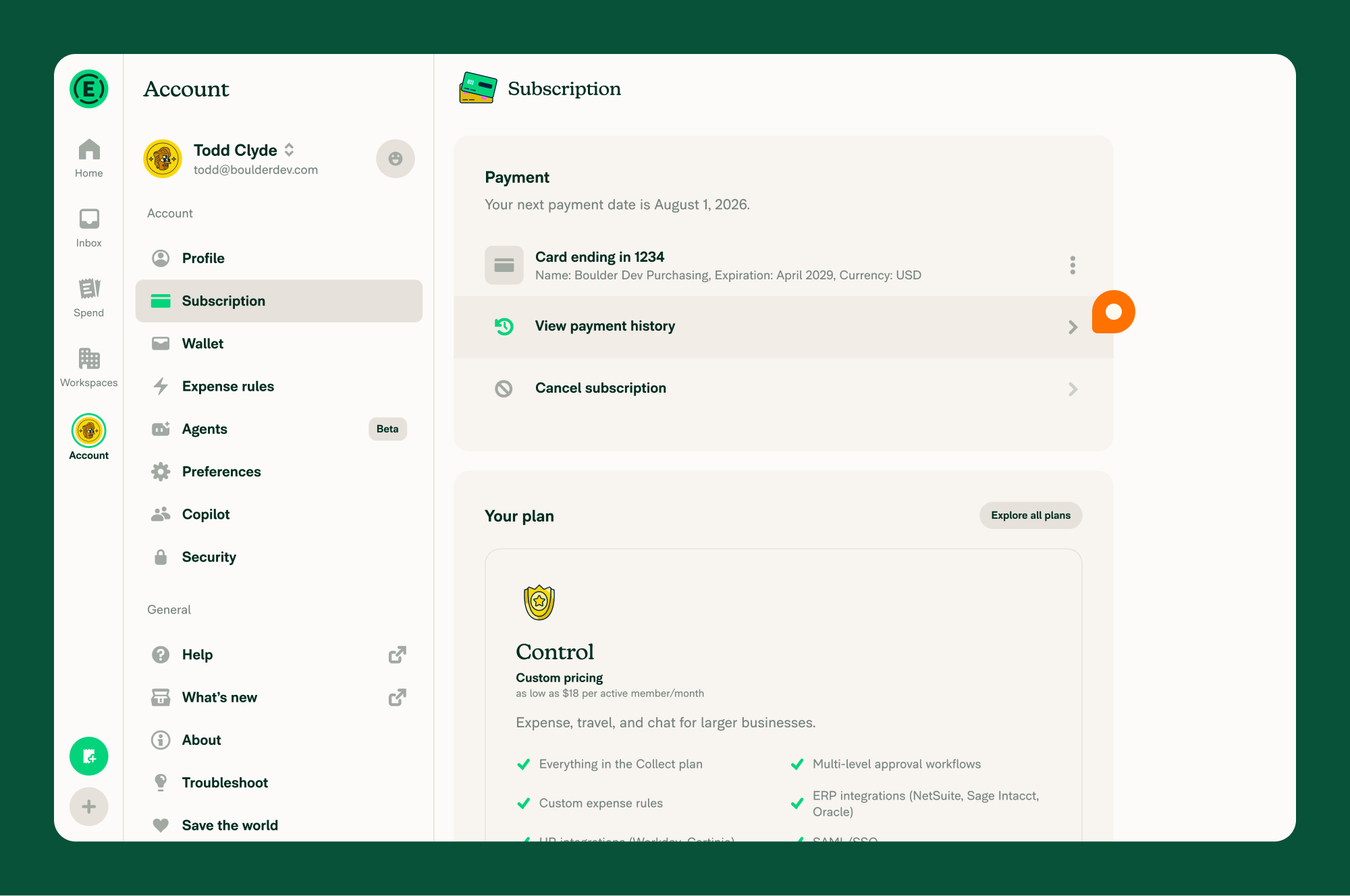 Account > Subscription page with the "View payment history" link/button highlighted