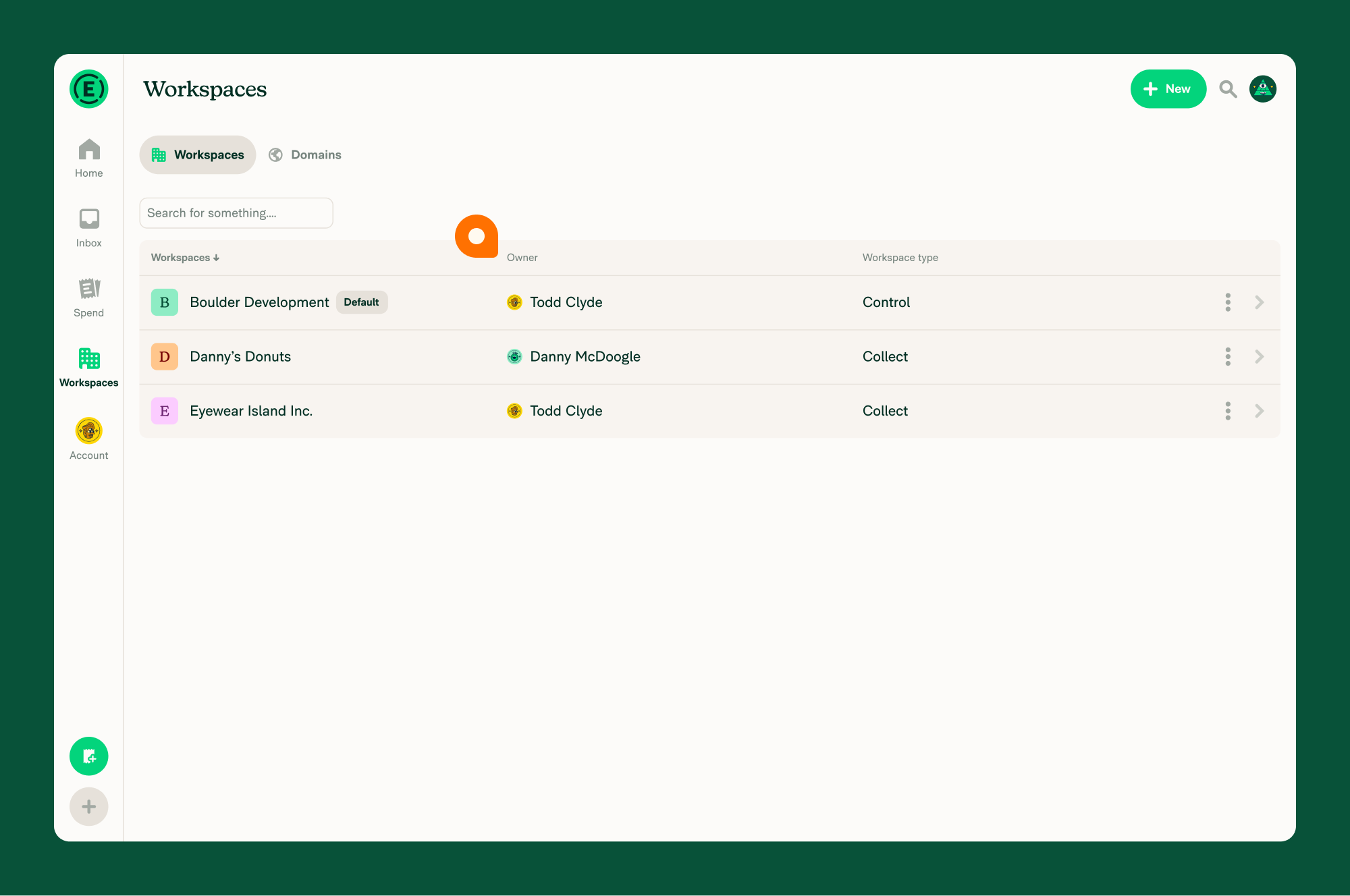 The Workspaces list view with the Owner column visible, showing a workspace row and the email/name of its owner in that column
