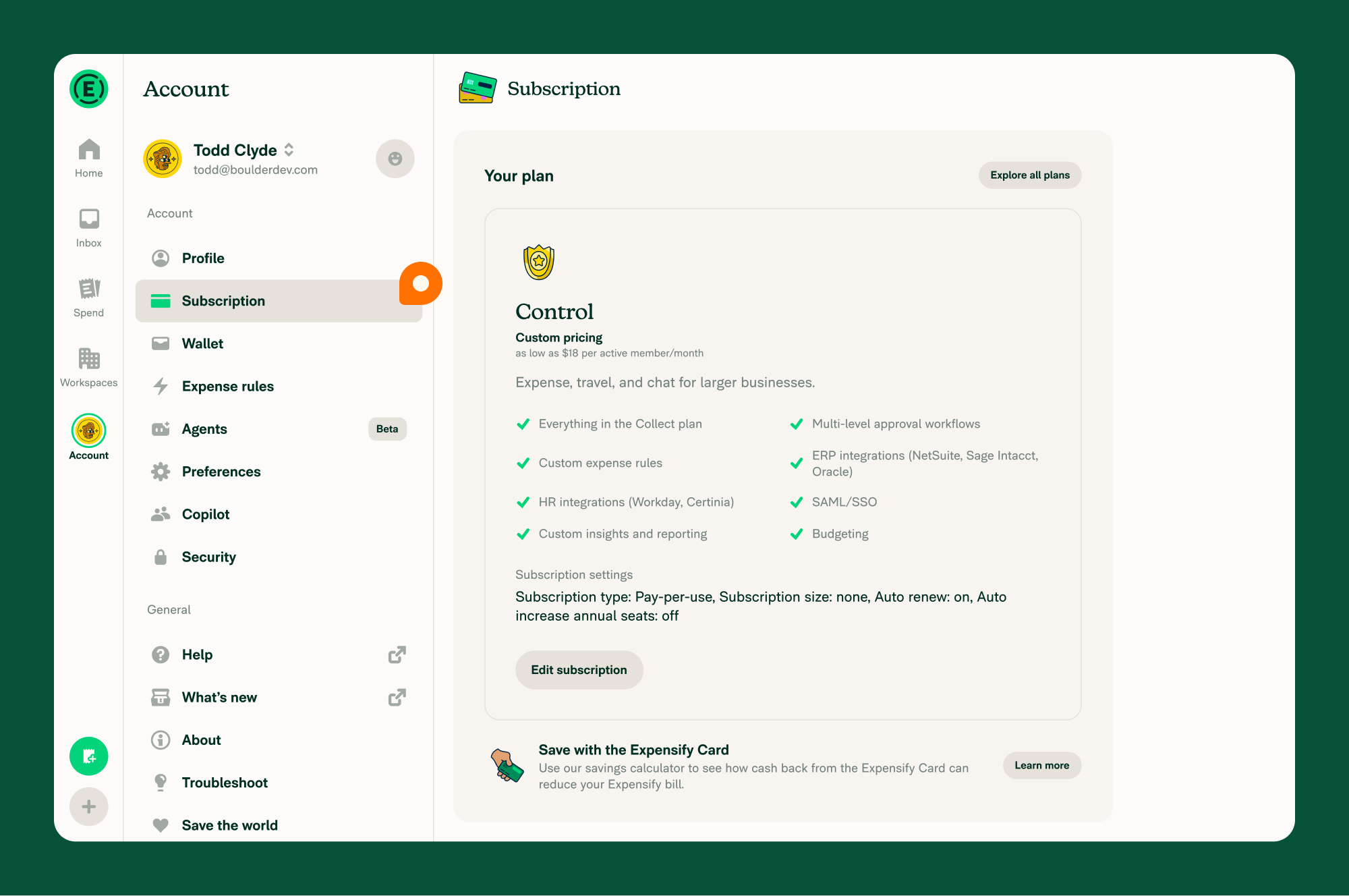 Account settings menu with the Subscription option highlighted, alongside the opened Subscription page showing the subscription details