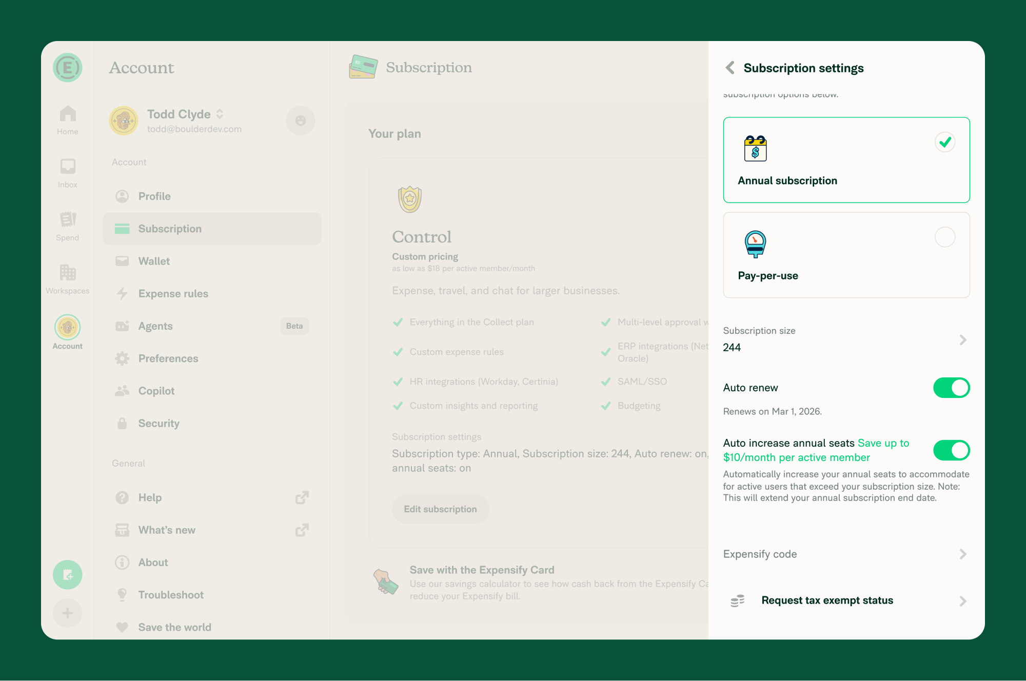 Subscription settings page for an Annual subscription showing the Subscription size field, Auto-renew toggle, and Auto-increase annual seats toggle together