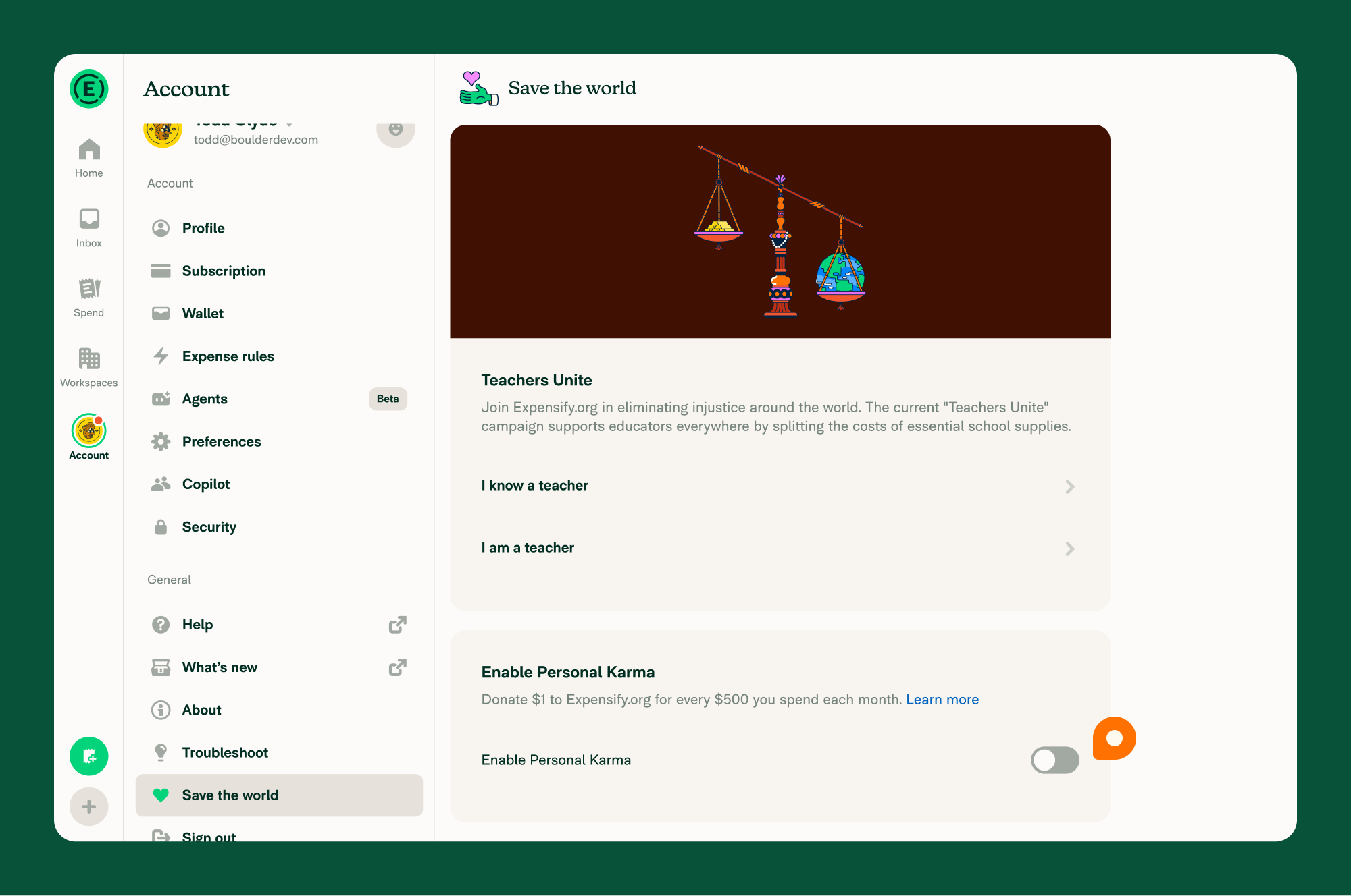 The "Save the world" page showing the "Enable Personal Karma" section with its on/off toggle