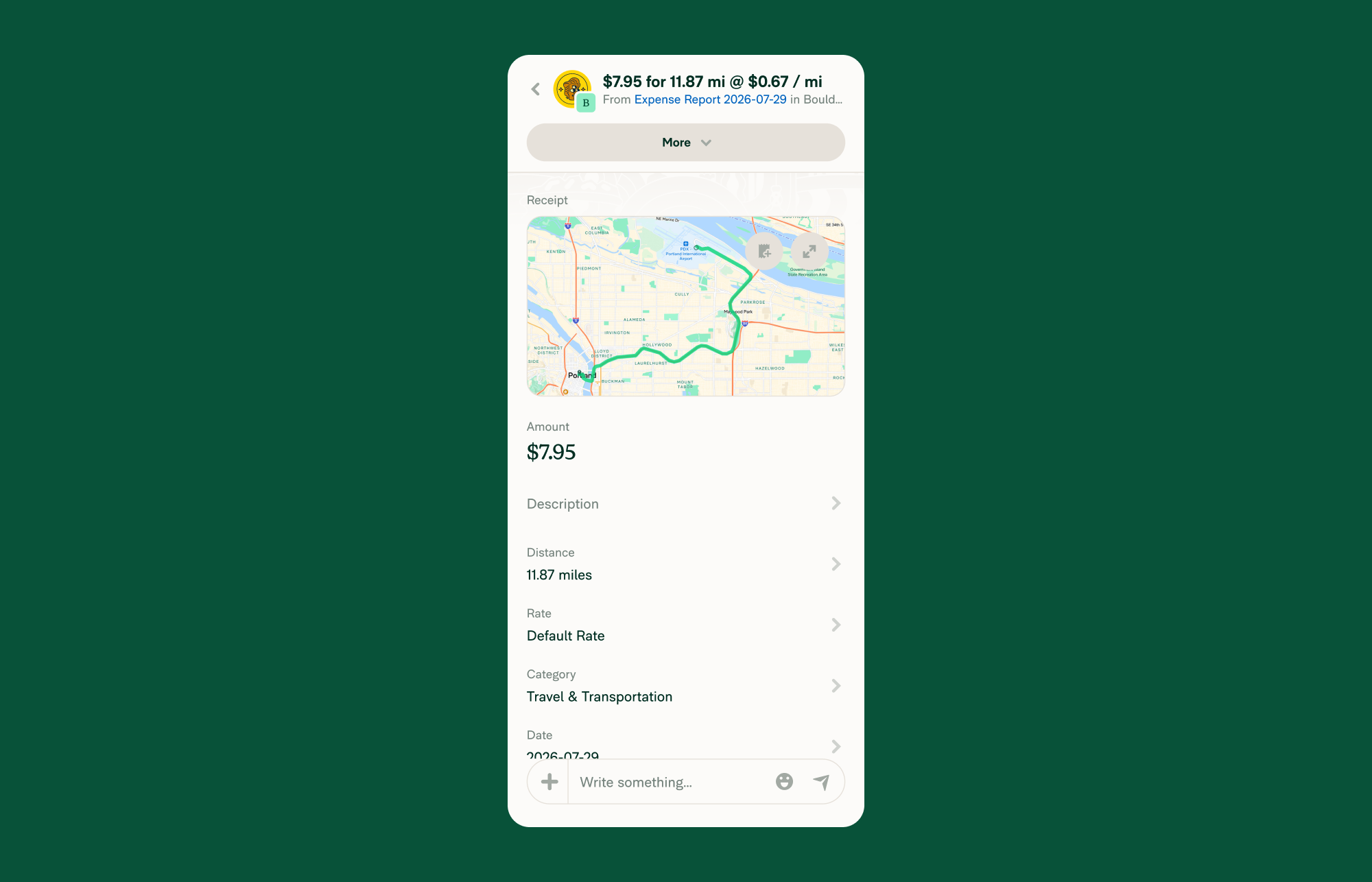 A Distance expense on mobile screen with a route plotted