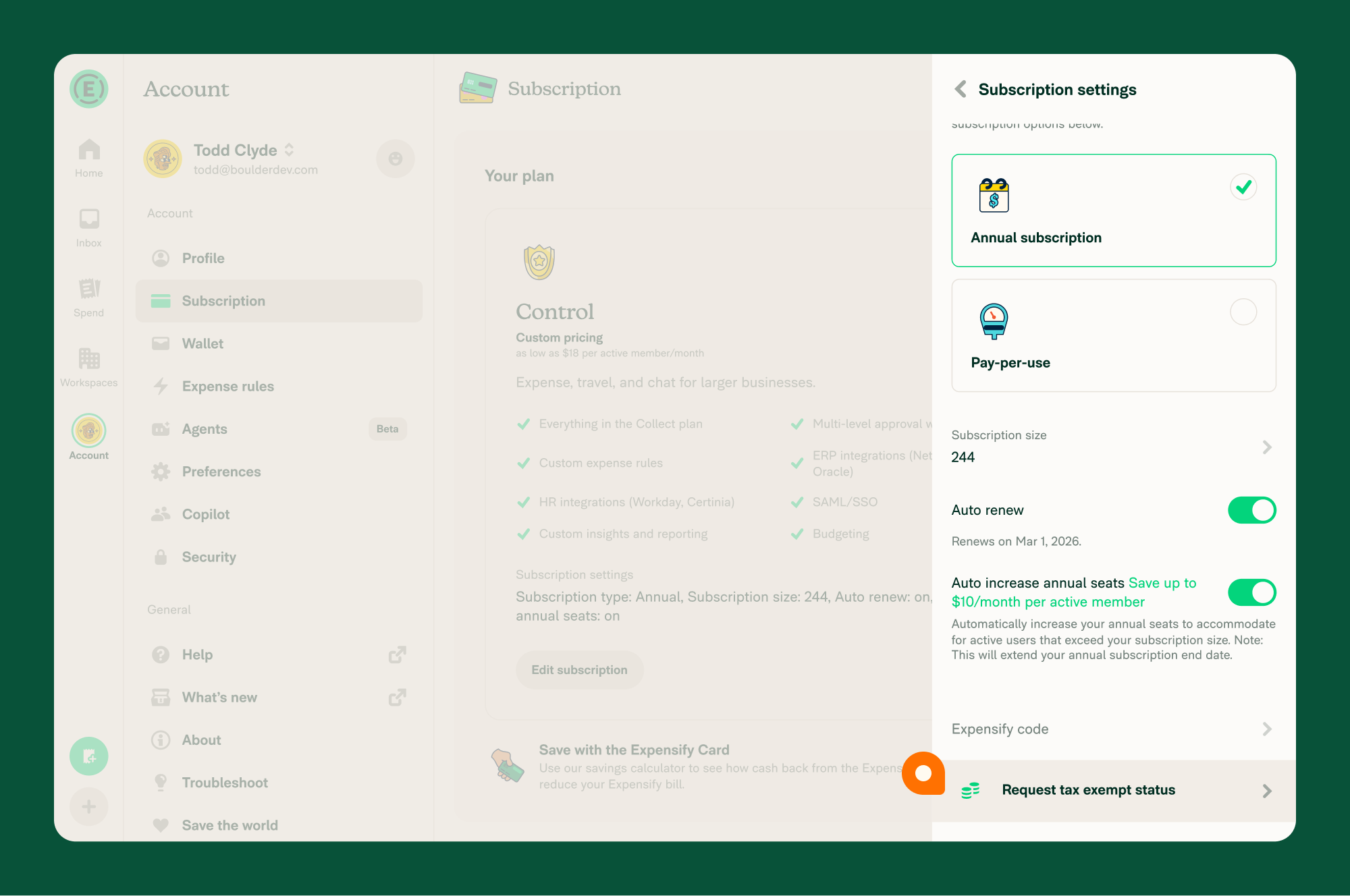 The Subscription settings page with the "Tax exempt status" option highlighted