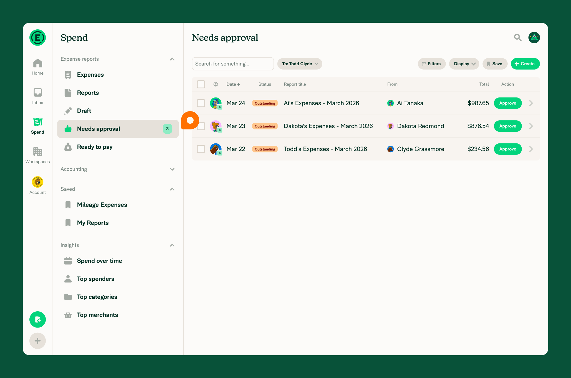 Spend tab with needs approval highlighted