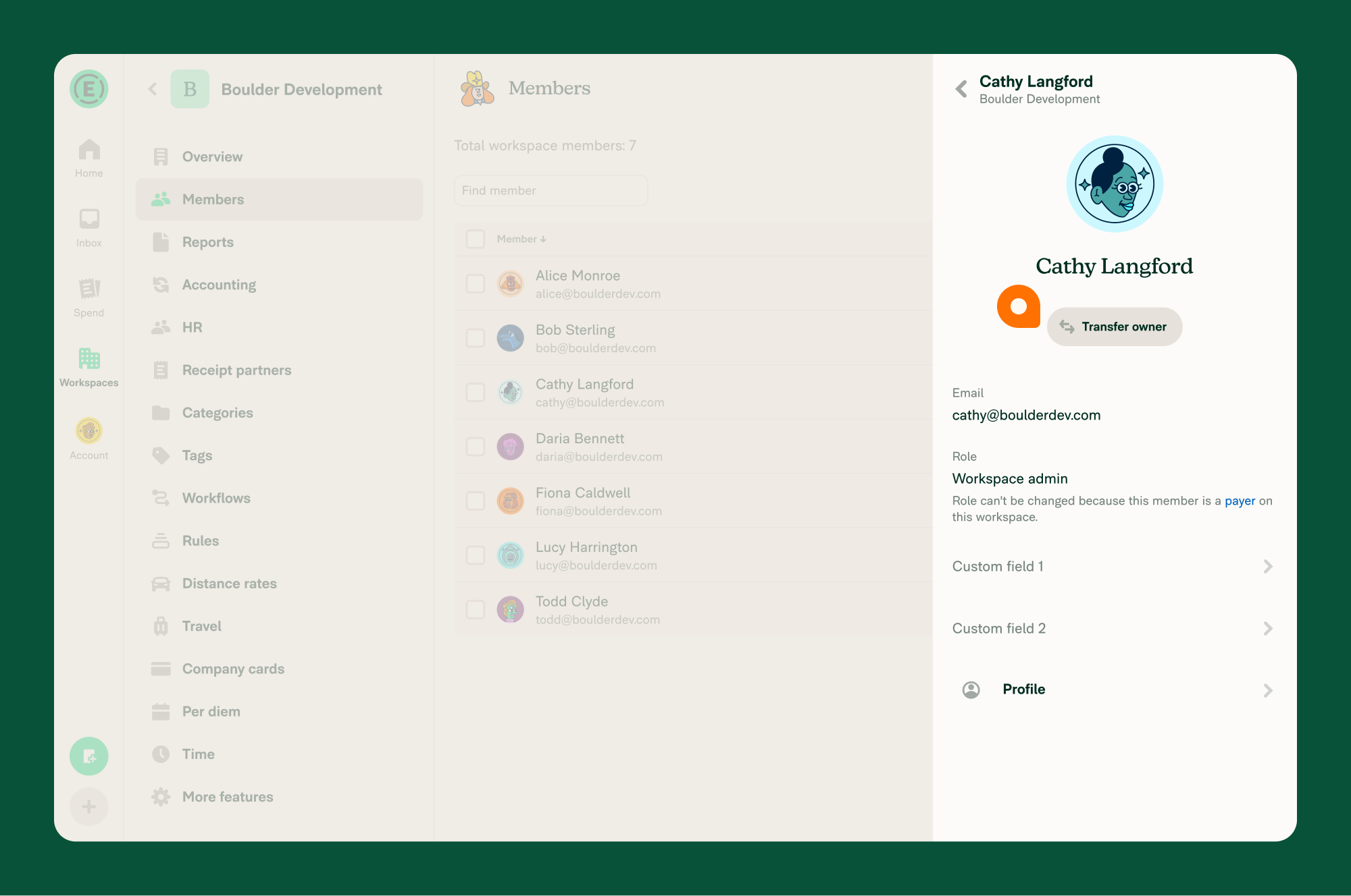 The member detail panel for the current Workspace owner (opened from Workspaces > [workspace name] > Members) with the "Transfer owner" button visible