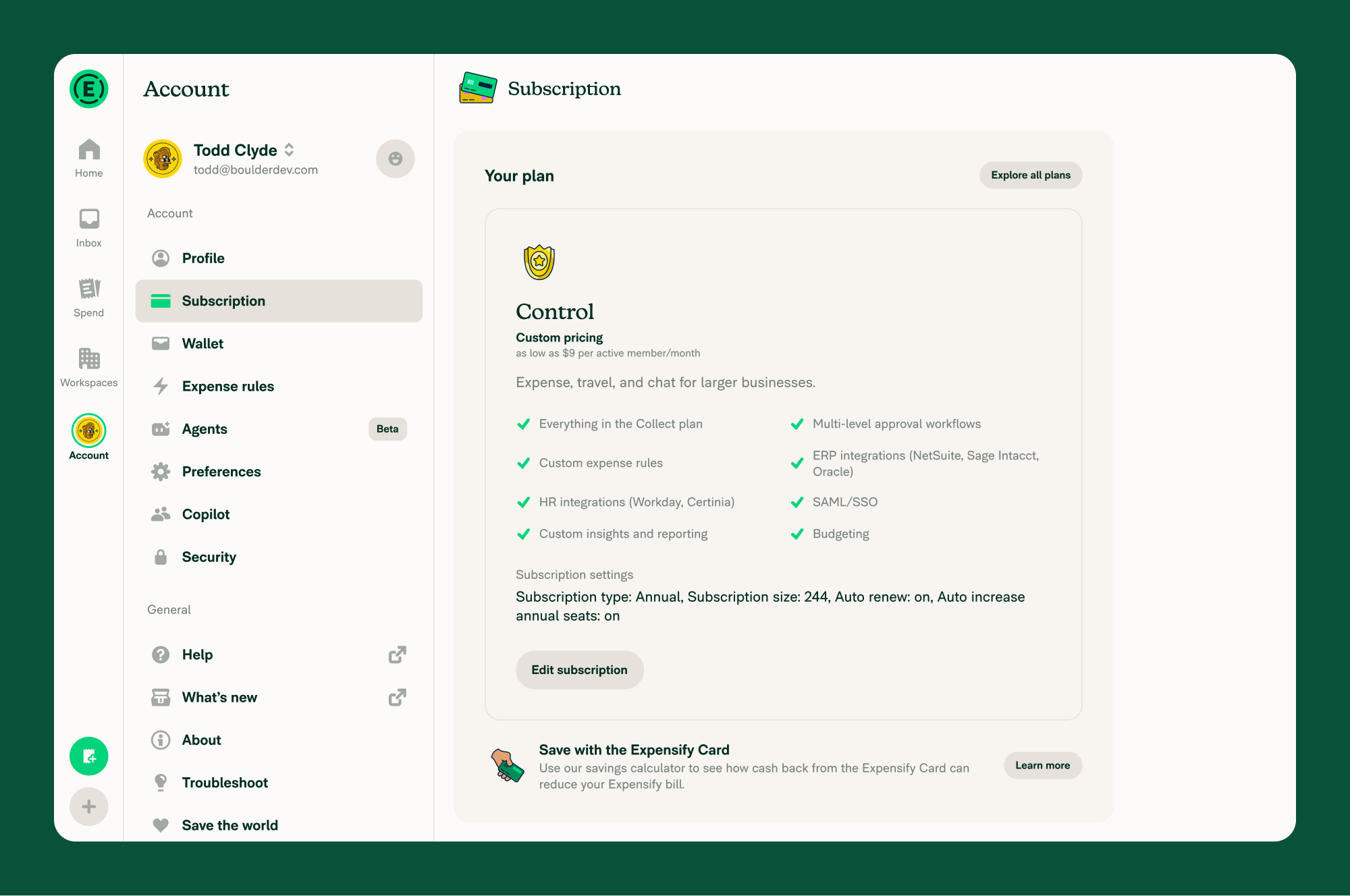 Account > Subscription page with the "Your plan" section in view and the "Subscription settings" entry point visible