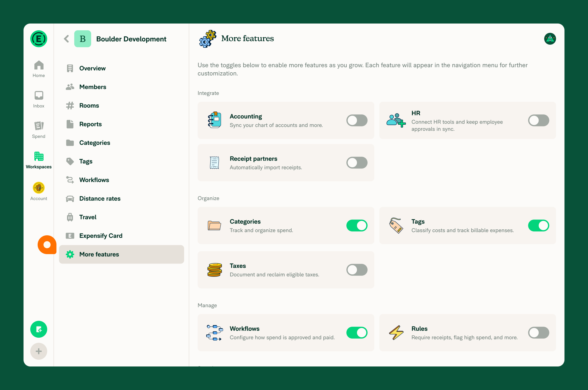 Workspace settings menu showing More features