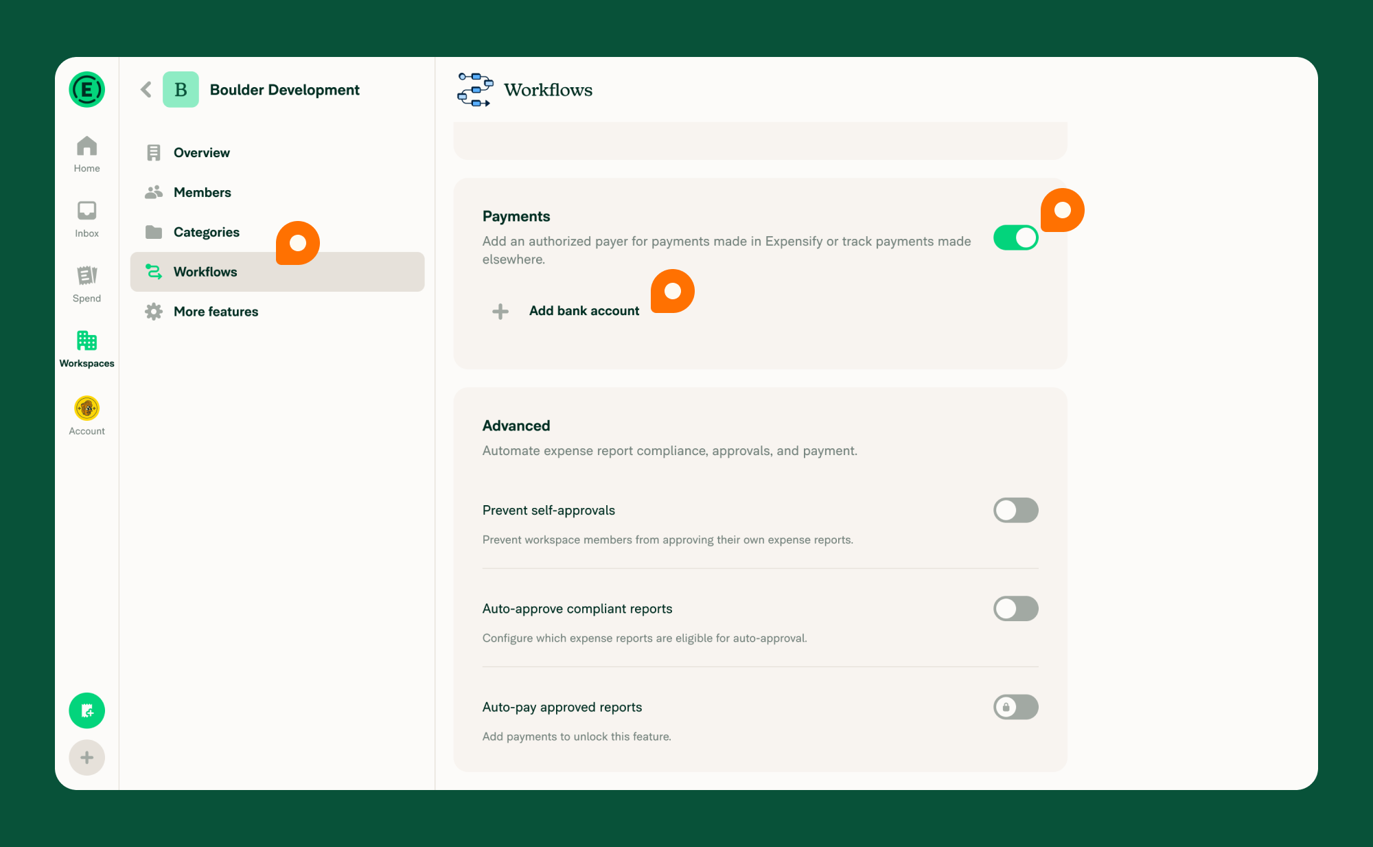 Workflows screen with Connect Bank Account button