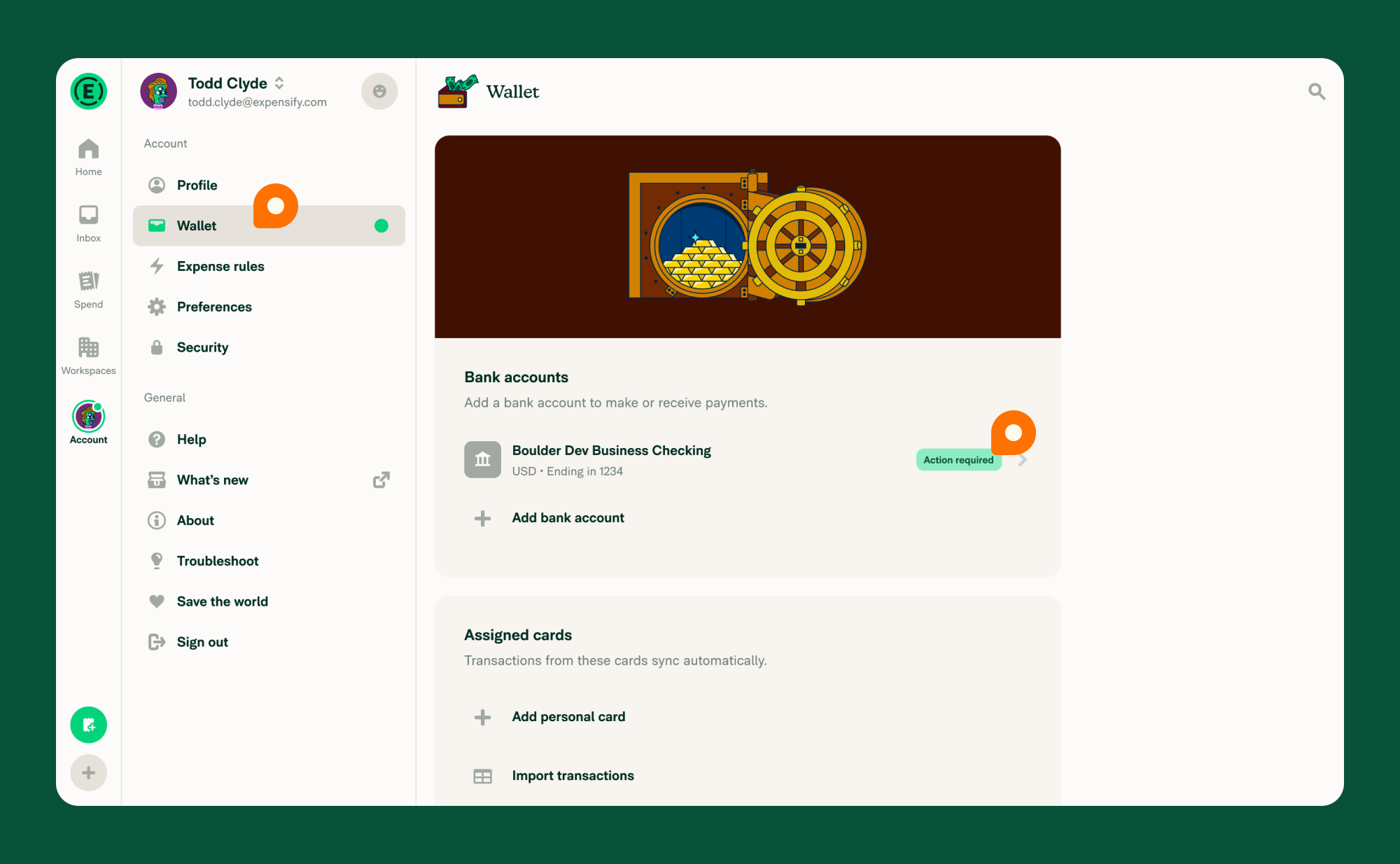 Account > Wallet > bank account with a callout on the Action required badge