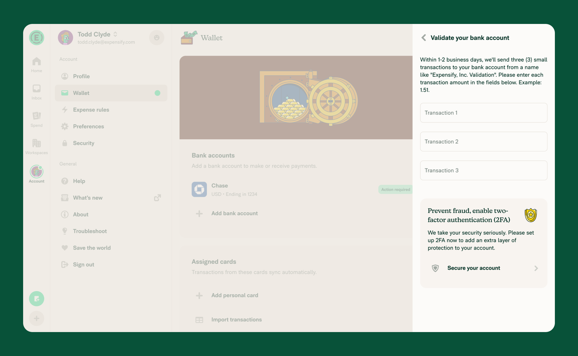 Account > Wallet > bank account with an Action required badge > expose validation pane
