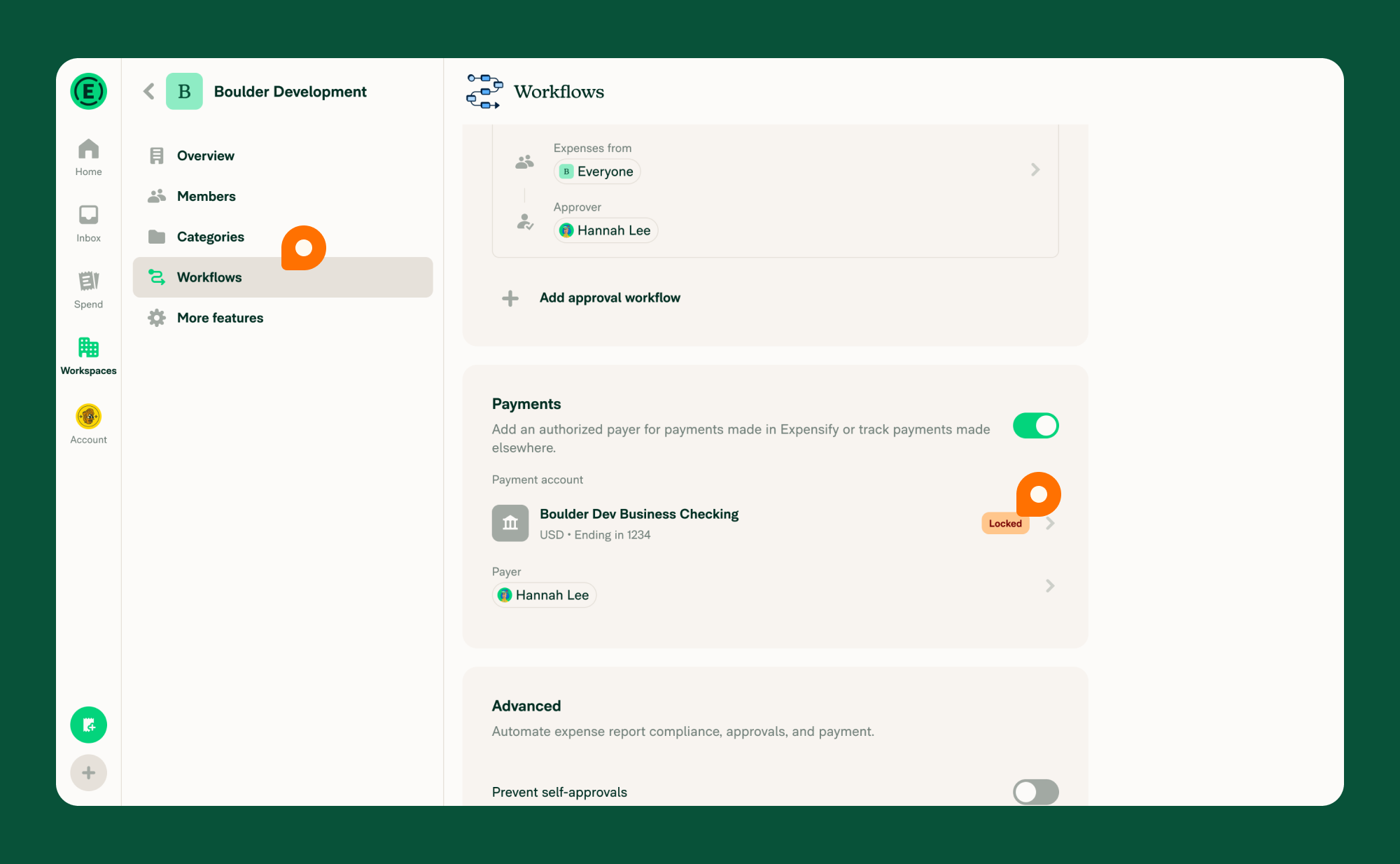 Workspace > Workflows > Payments > bank account with a Locked badge