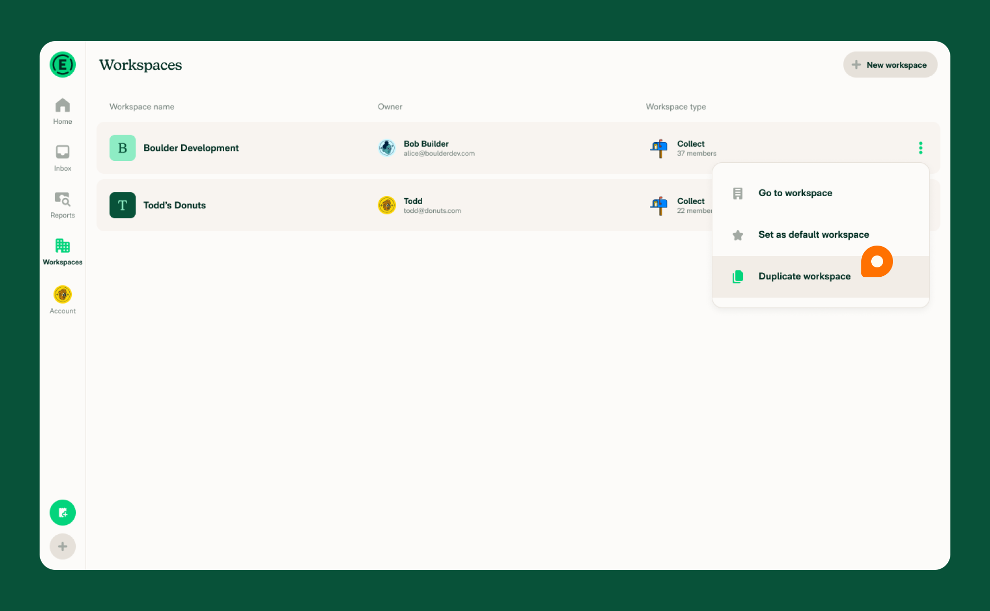 Click Duplicate Workspace