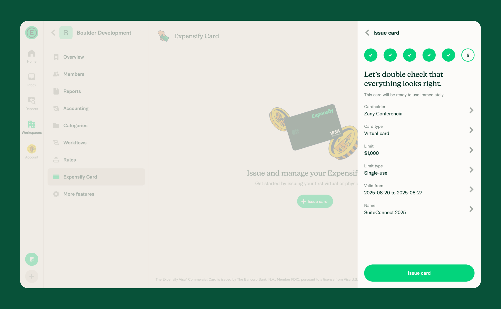 Click issue card to confirm and issue the card