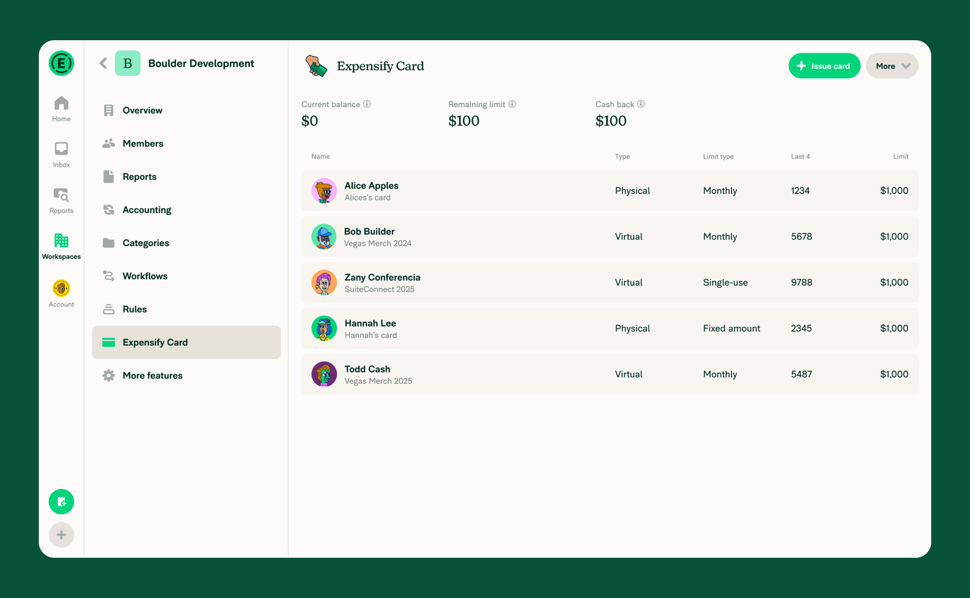 Click Expensify Card in the left menu to see a list of cards