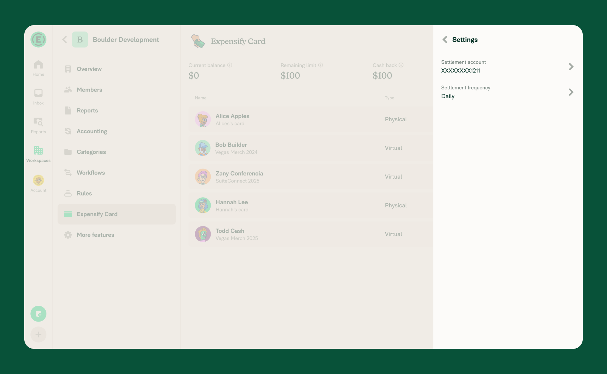Click Settings to adjust the settlement account or frequency