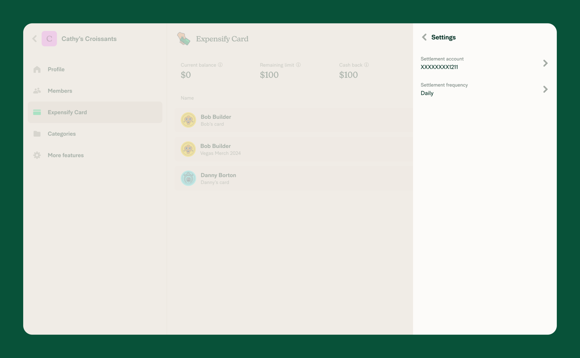 Click Settings to adjust the settlement account or frequency