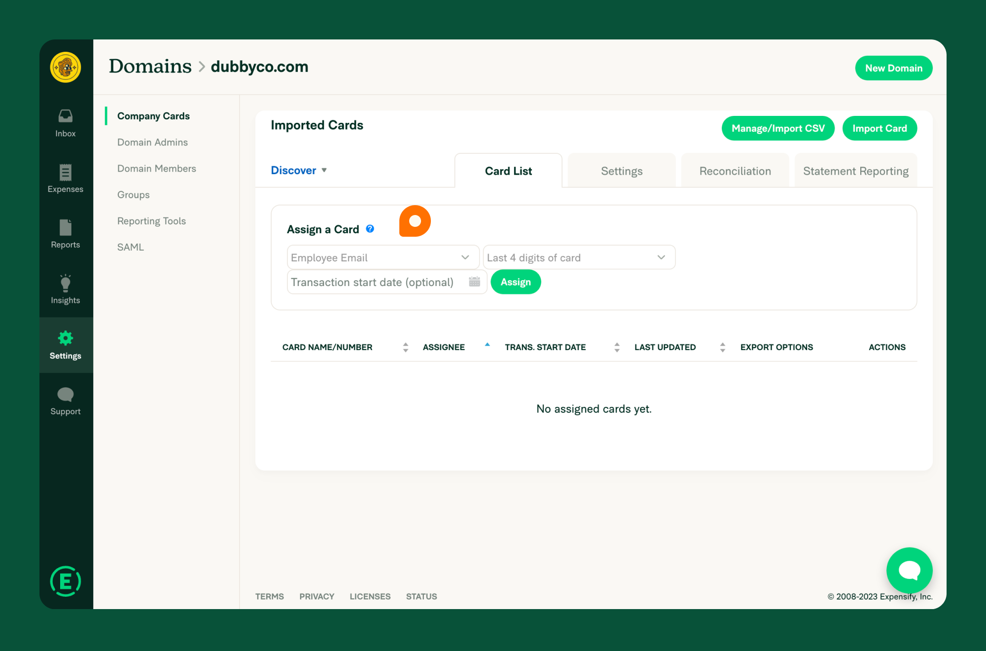 Expensify domain assign card form
