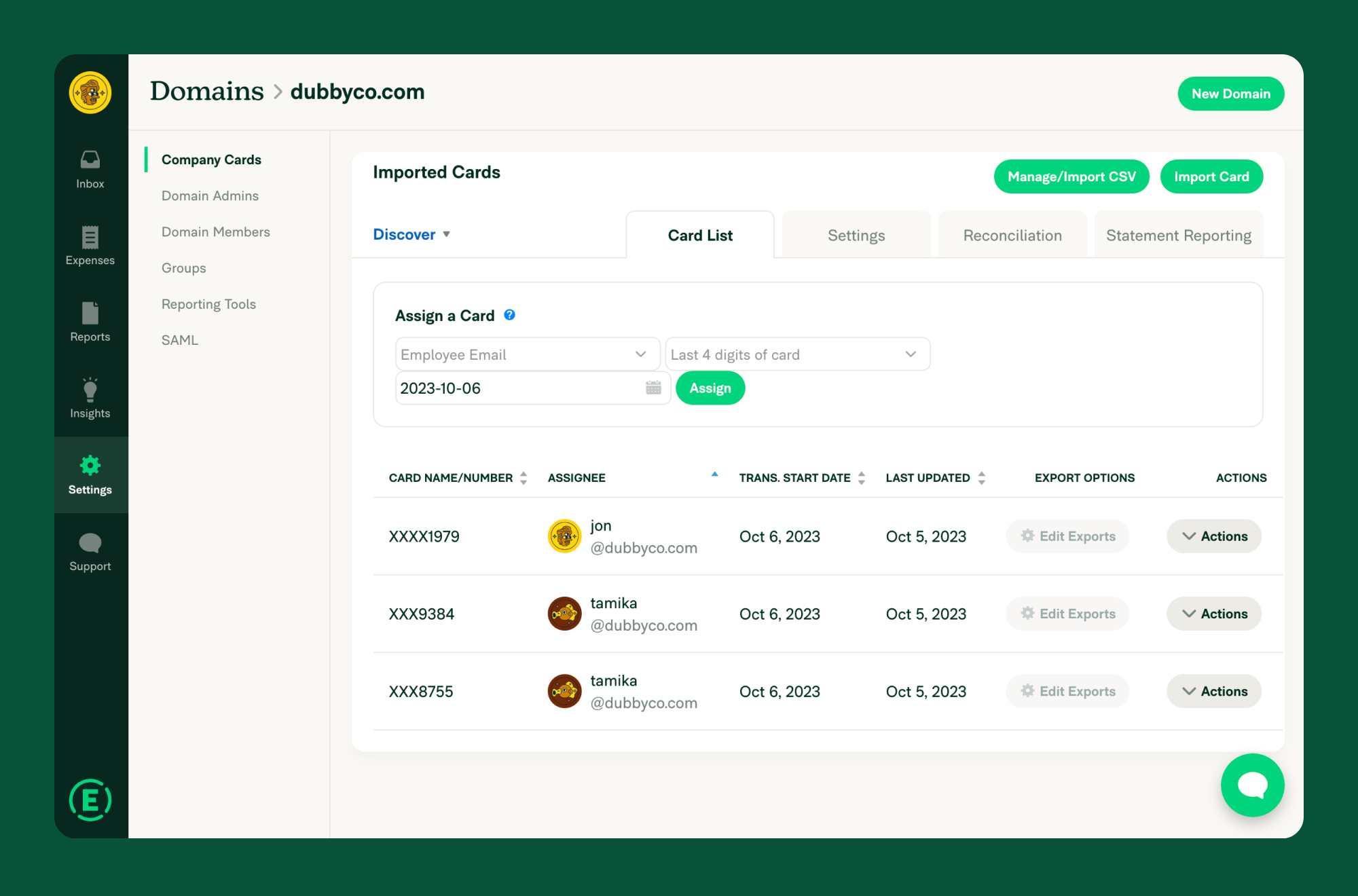 Expensify domain assigned cards