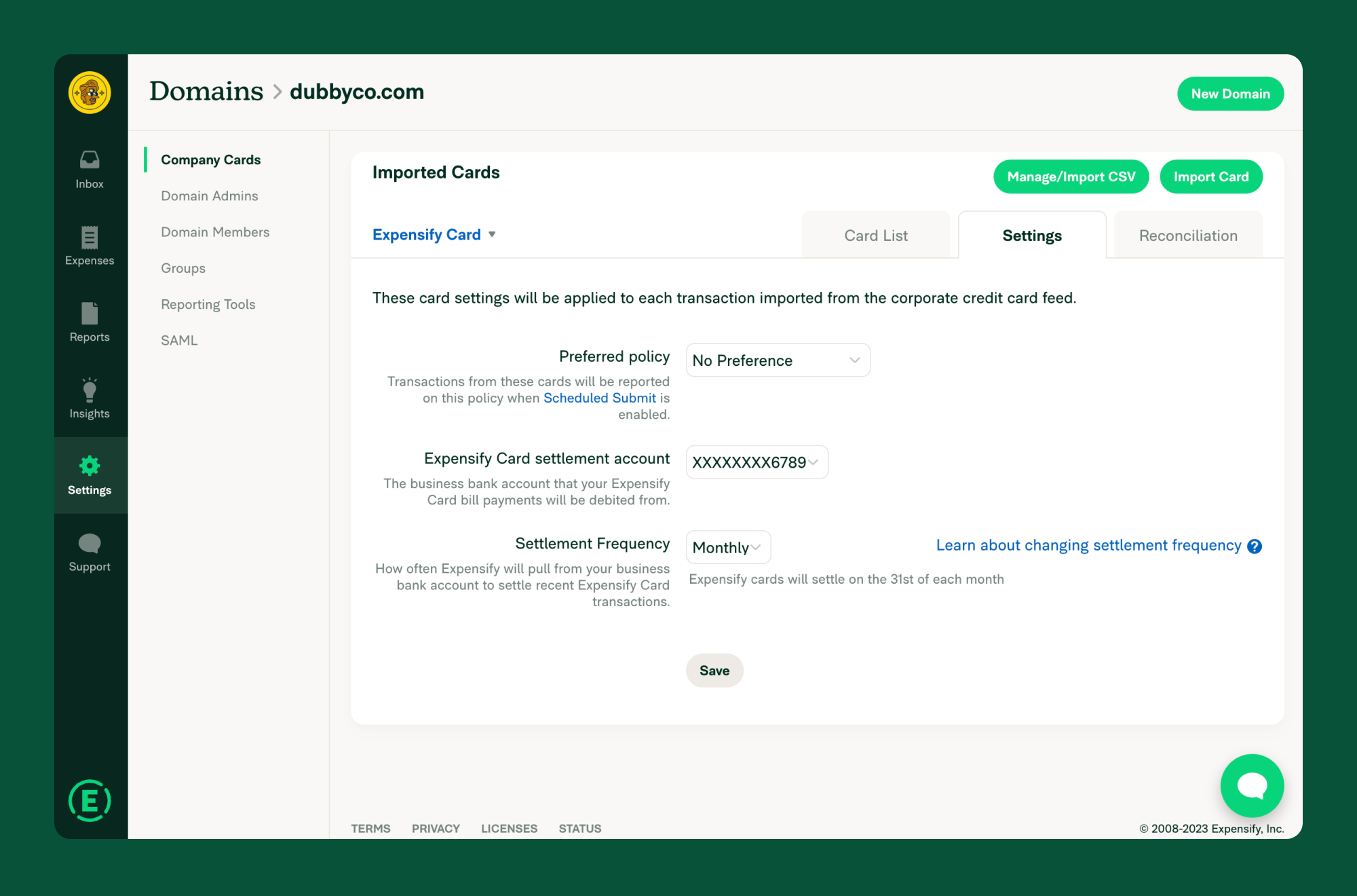 Change your card settlement account or settlement frequency via the dropdown menus in the middle of the screen.