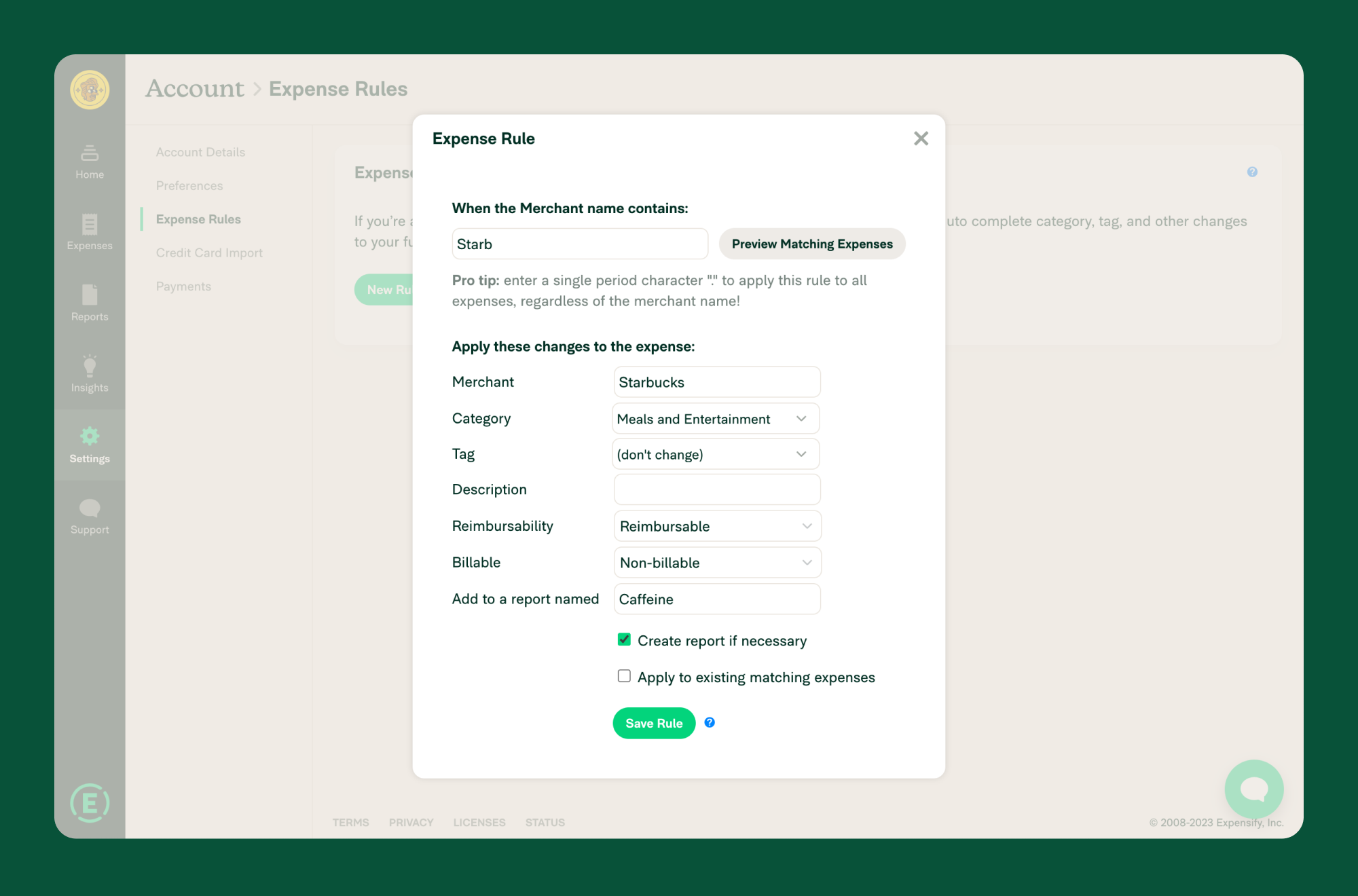 Fields to create a new expense rule, including the characters a merchant's name should contain for the rule to apply, as well as what changes should be applied to the expense including the merchant name, category, tag, description, reimbursability, whether it is billable, and what report it will be added to.