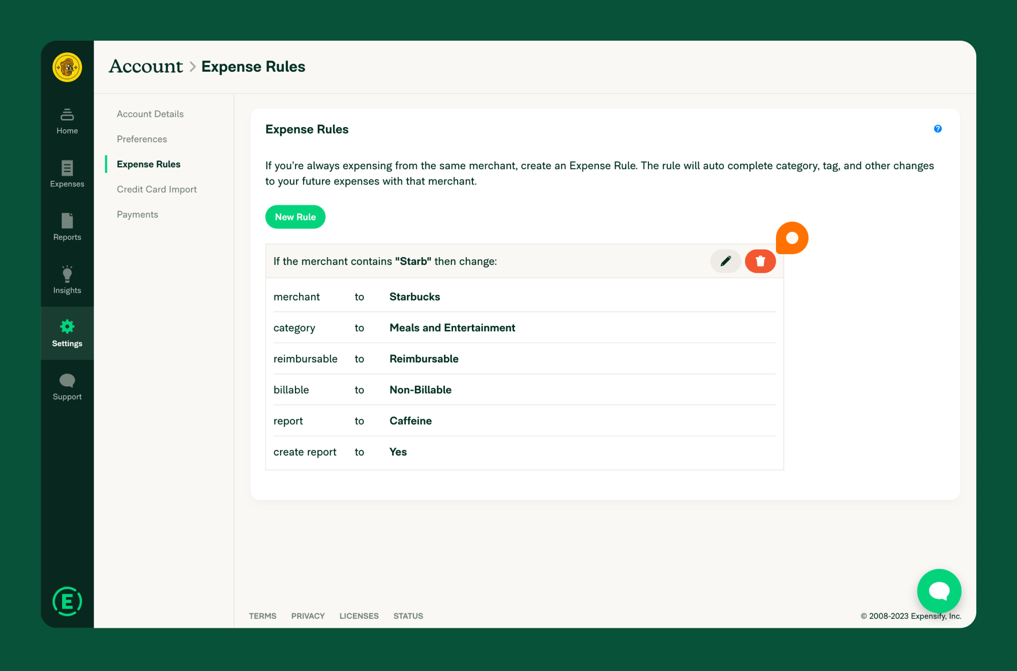 The Trash icon to delete an expense rule is located at the top right of the box containing the expense rule, to the left of the Edit icon.