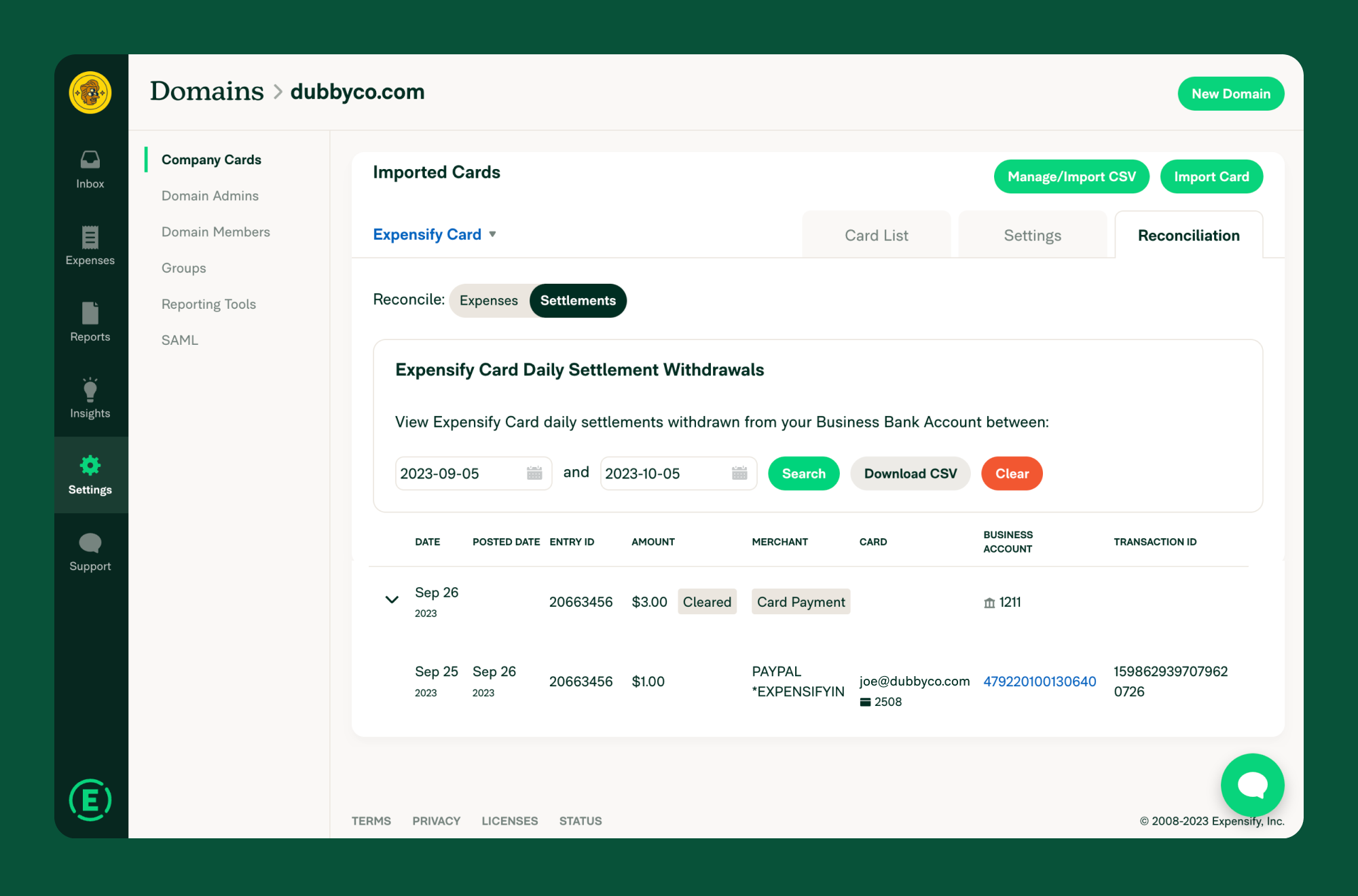 Expanded card settlement that shows the various items that make up each card settlement.