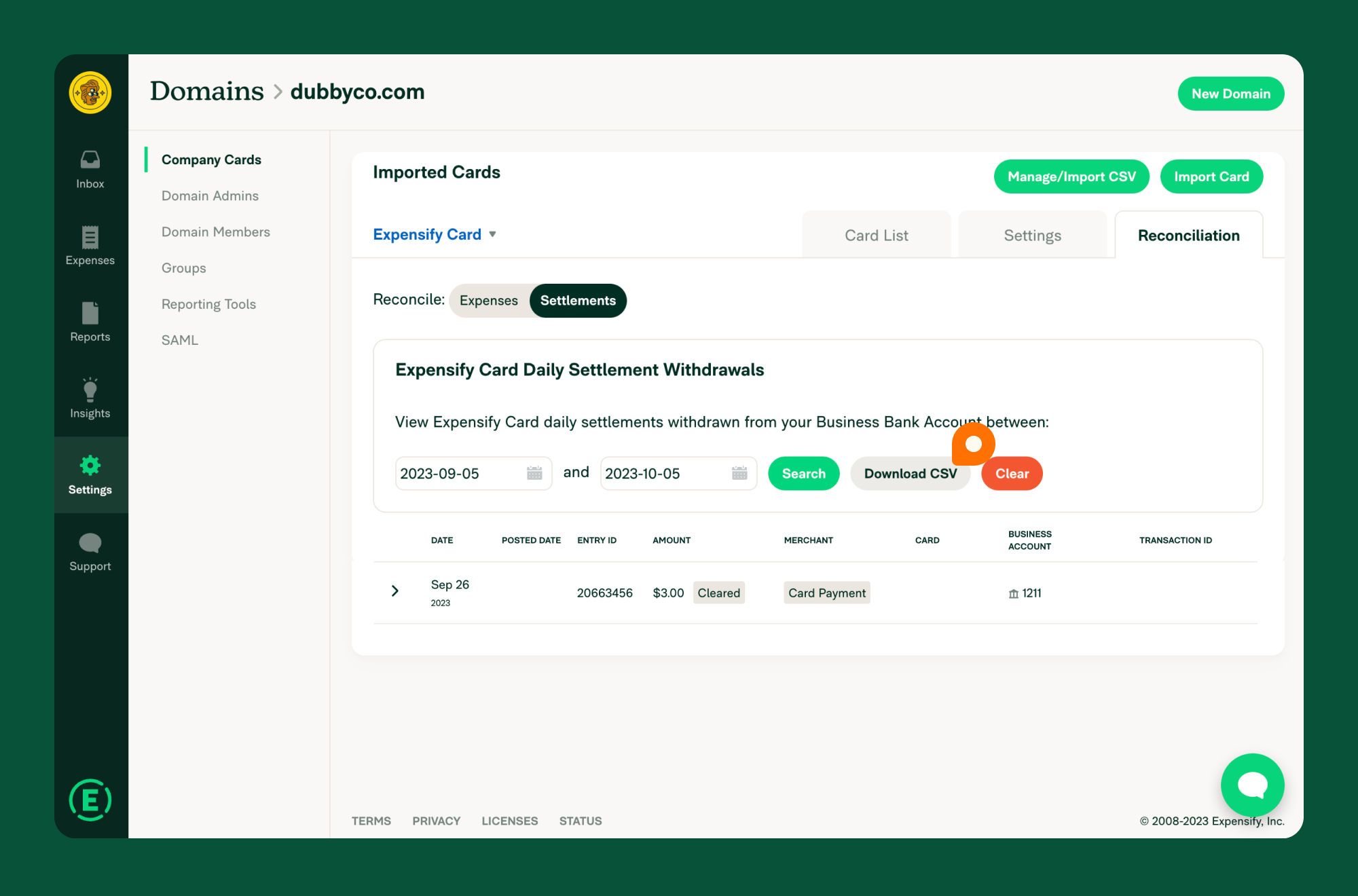 Click the Download CSV button in the middle of the page to export your card settlements.