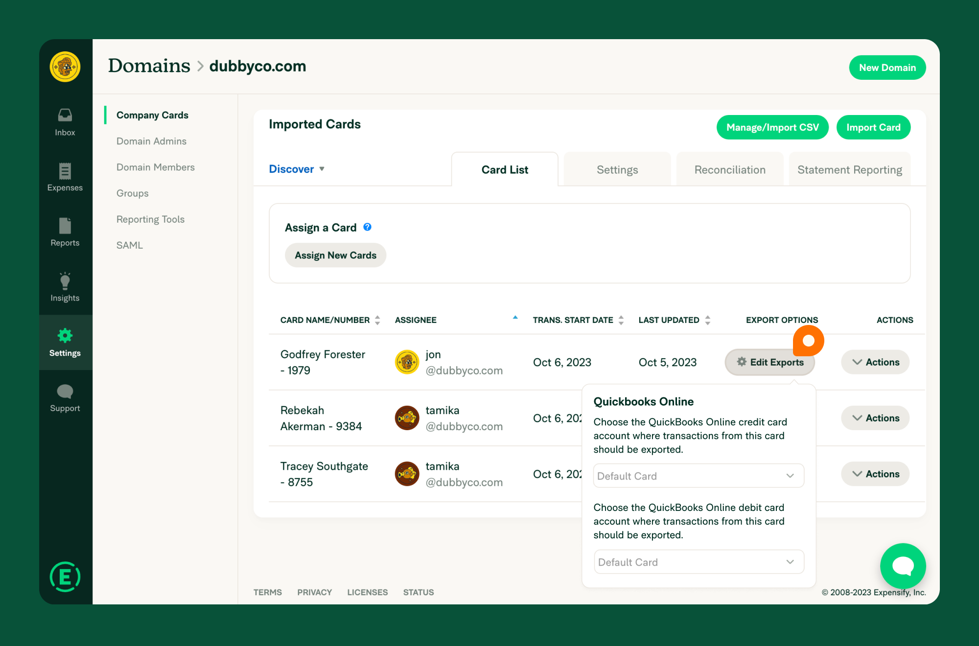 Expensify domain cards settings