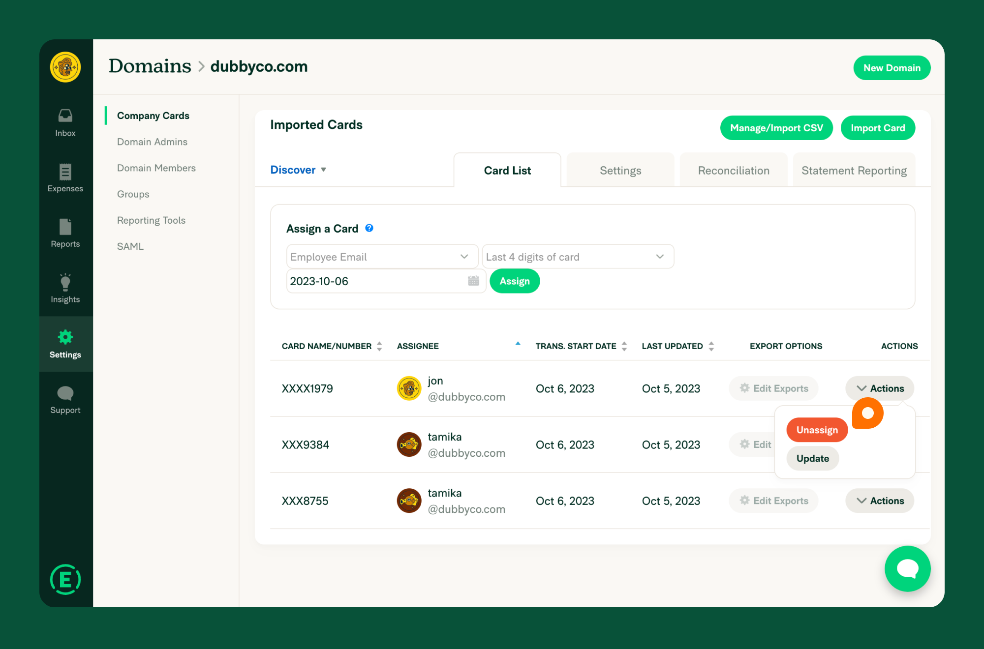 Expensify domain unassign cards
