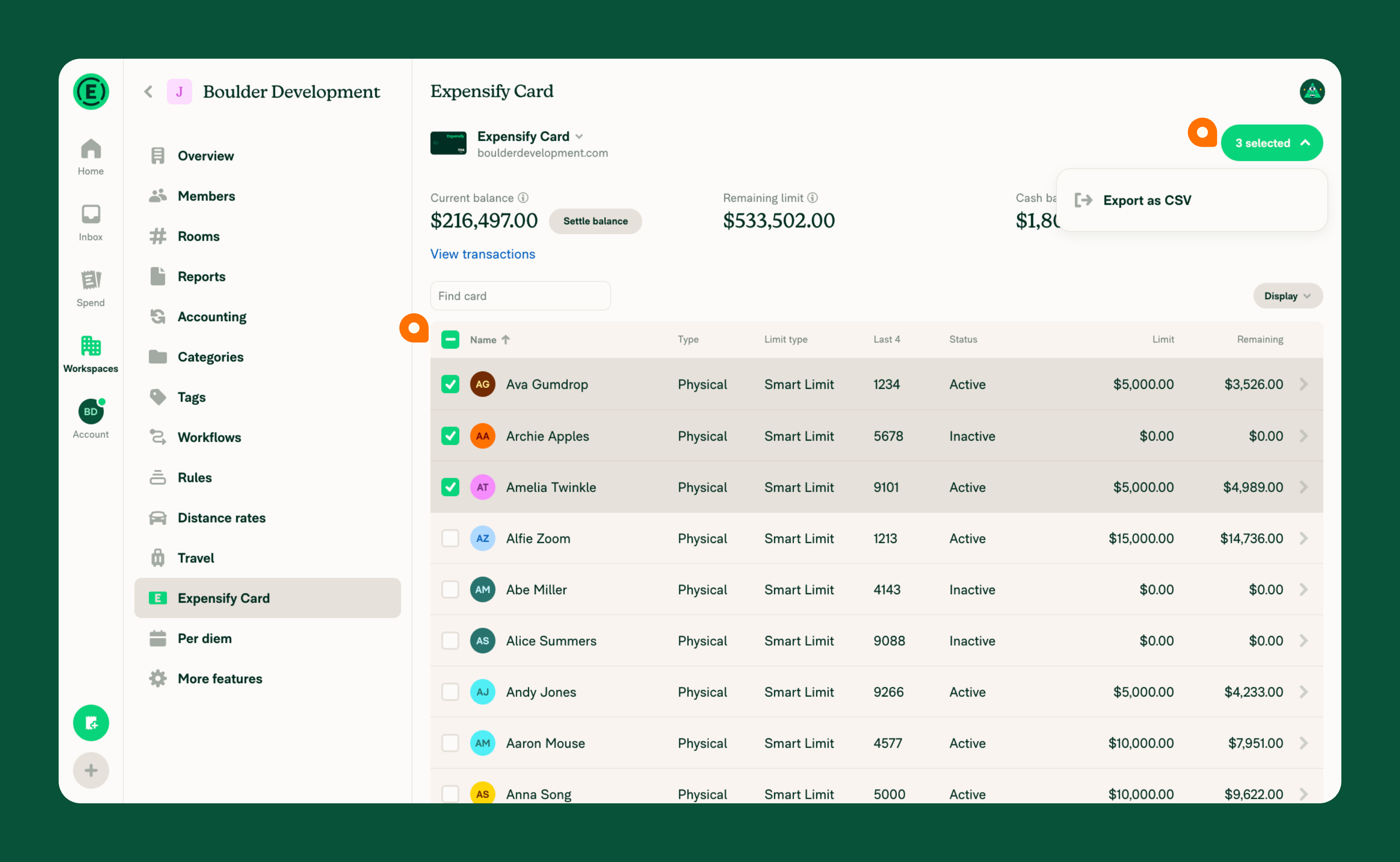 The card list with several rows checkbox-selected and the "selected" dropdown open showing Export as CSV