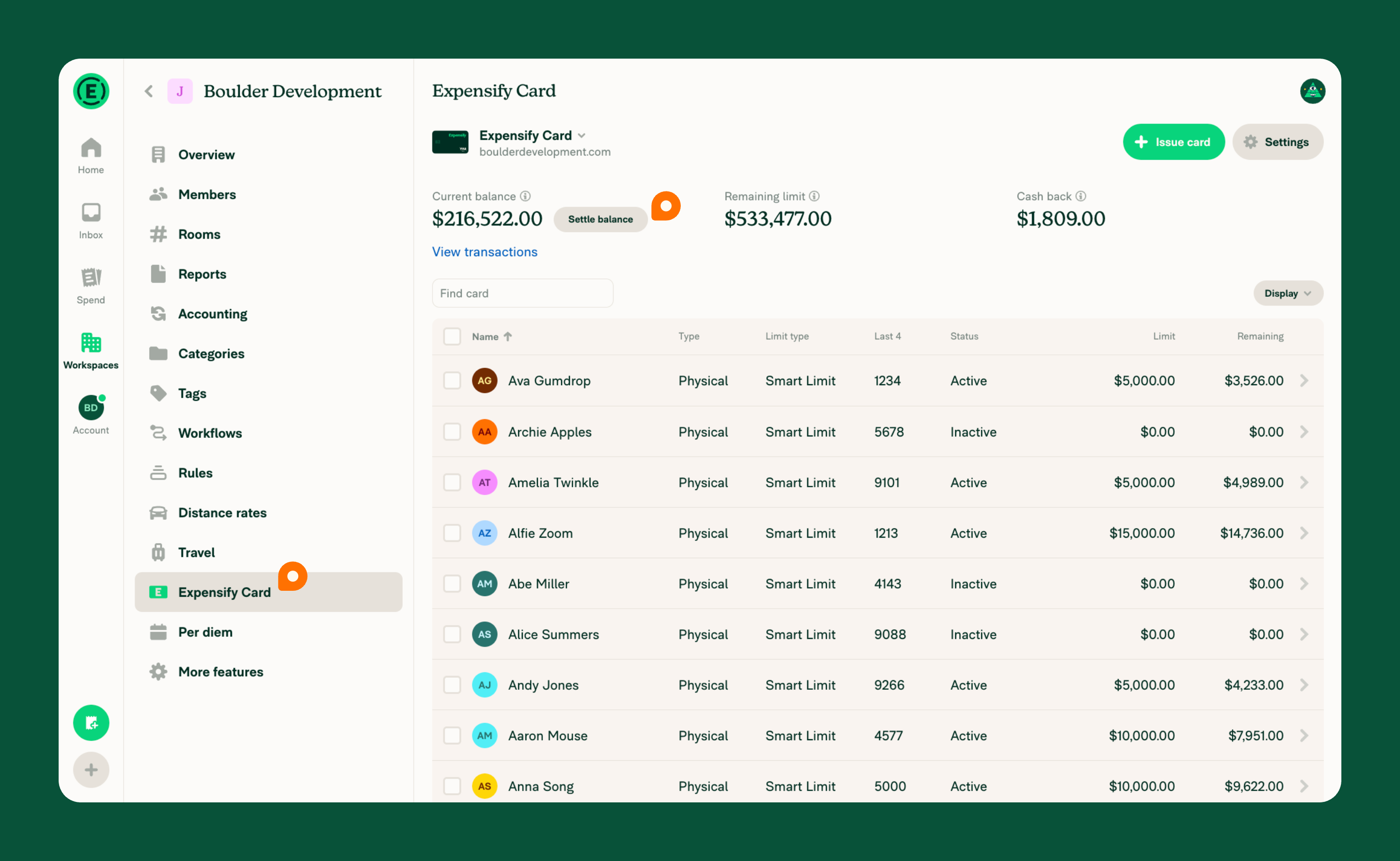 The Workspace Admin Expensify Card page (Workspaces > [Workspace Name] > Expensify Card) showing remaining limit/balance and the "Settle Balance" button
