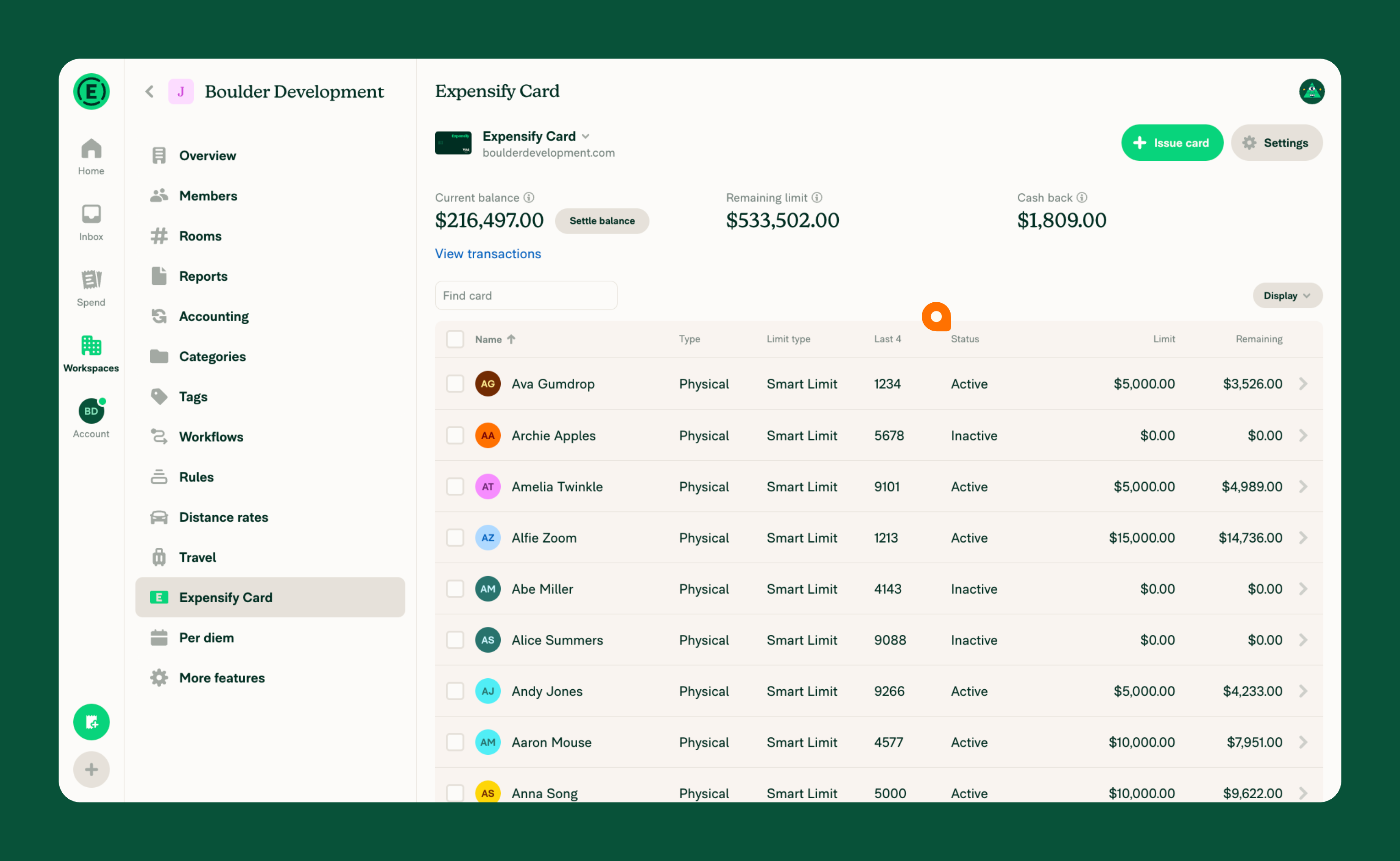 The Expensify Card list with the Status column visible, showing the badges (Pending order, Shipped, Active, Inactive