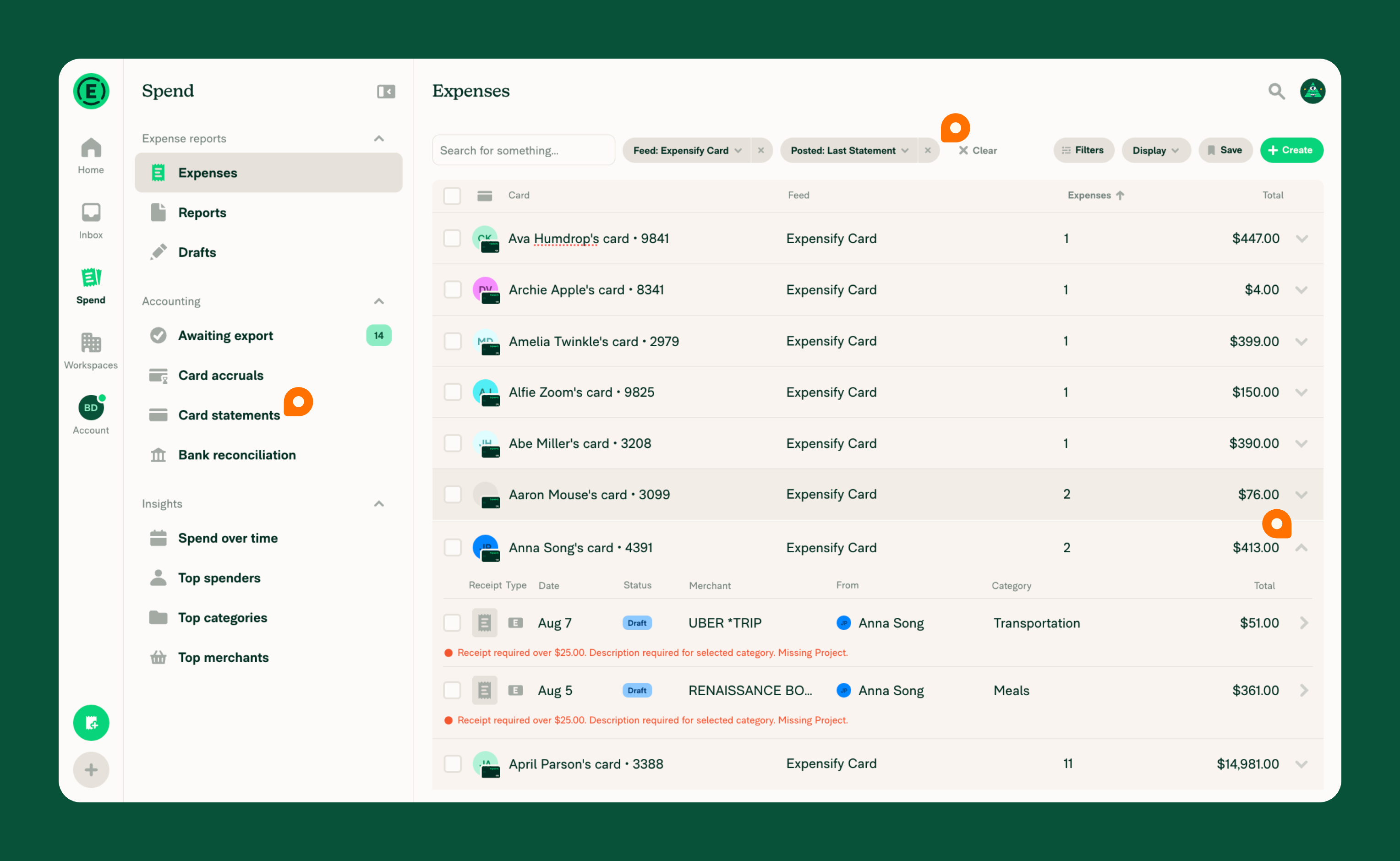 The Expensify Card reconciliation list with the Withdrawn date-range filter open, several settlement withdrawal rows, and one row expanded to reveal its individual expenses