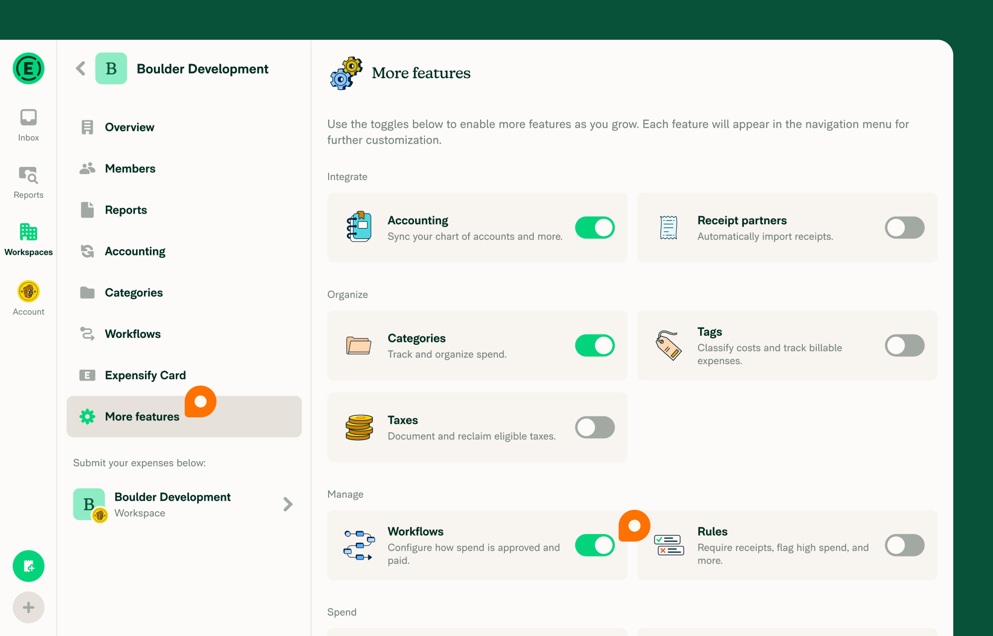 Enable workflows from the more features page