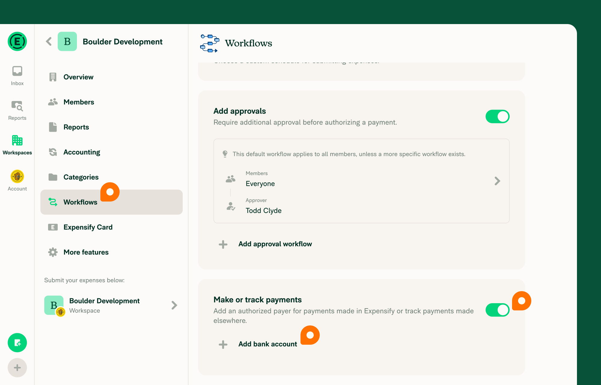 Workflows screen with Connect Bank Account button