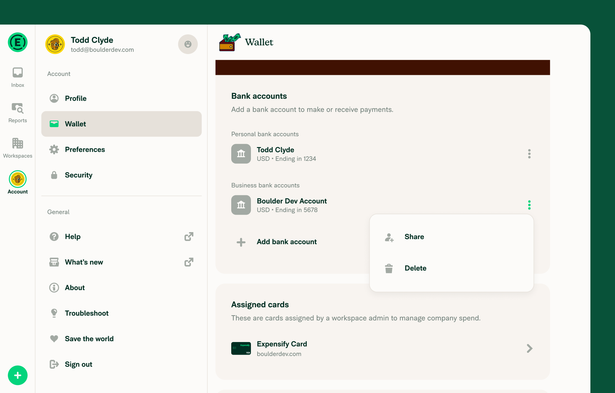 Open the three dot menu next to the bank account and tap share